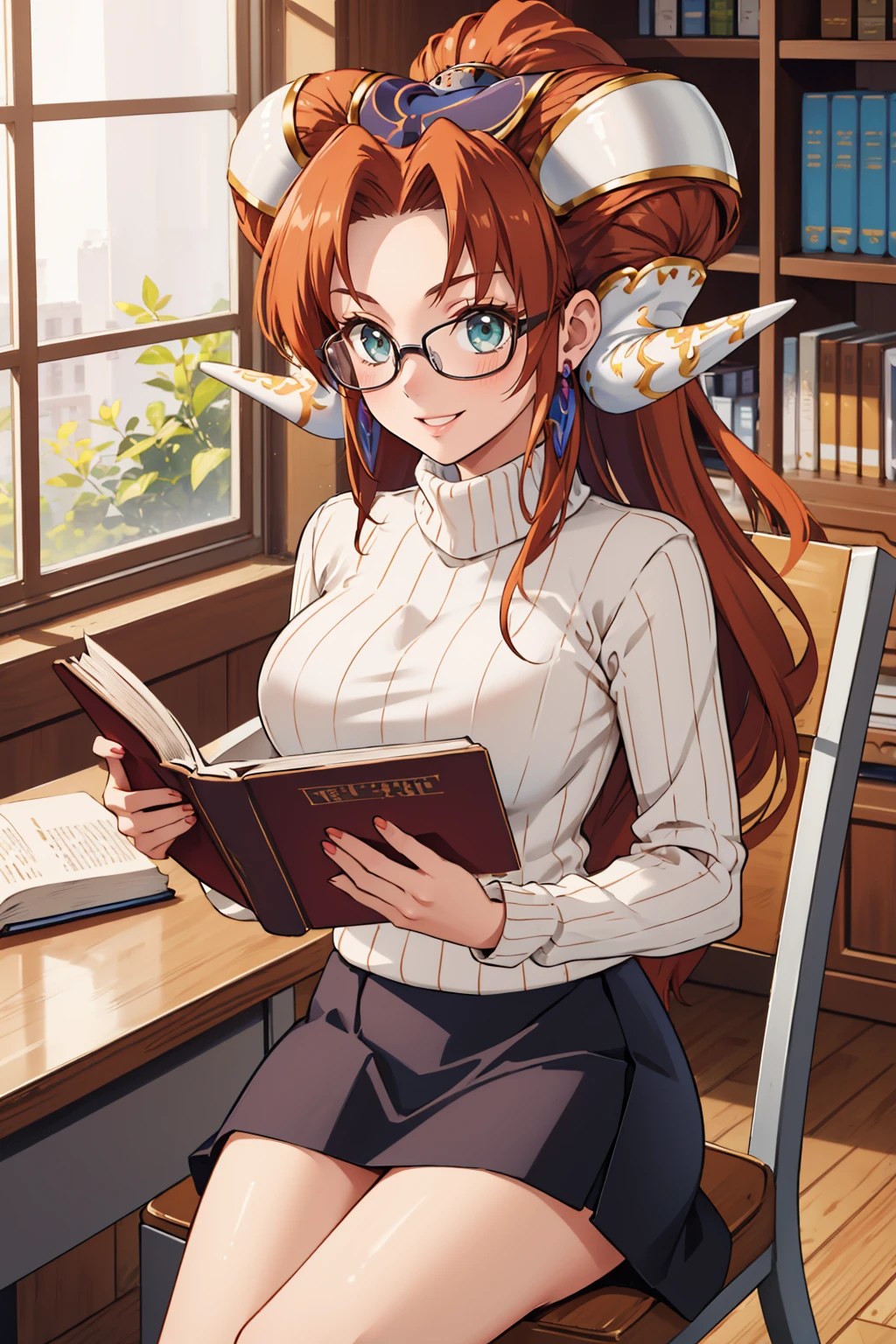 masterpiece, best quality, 1girl,  <lora:millenia-nvwls-v2:0.9> millenia, ponytail, horns, earrings, grey sweater, turtleneck, large breasts, smile, glasses, library, black skirt, sitting, reading book, desk, chair