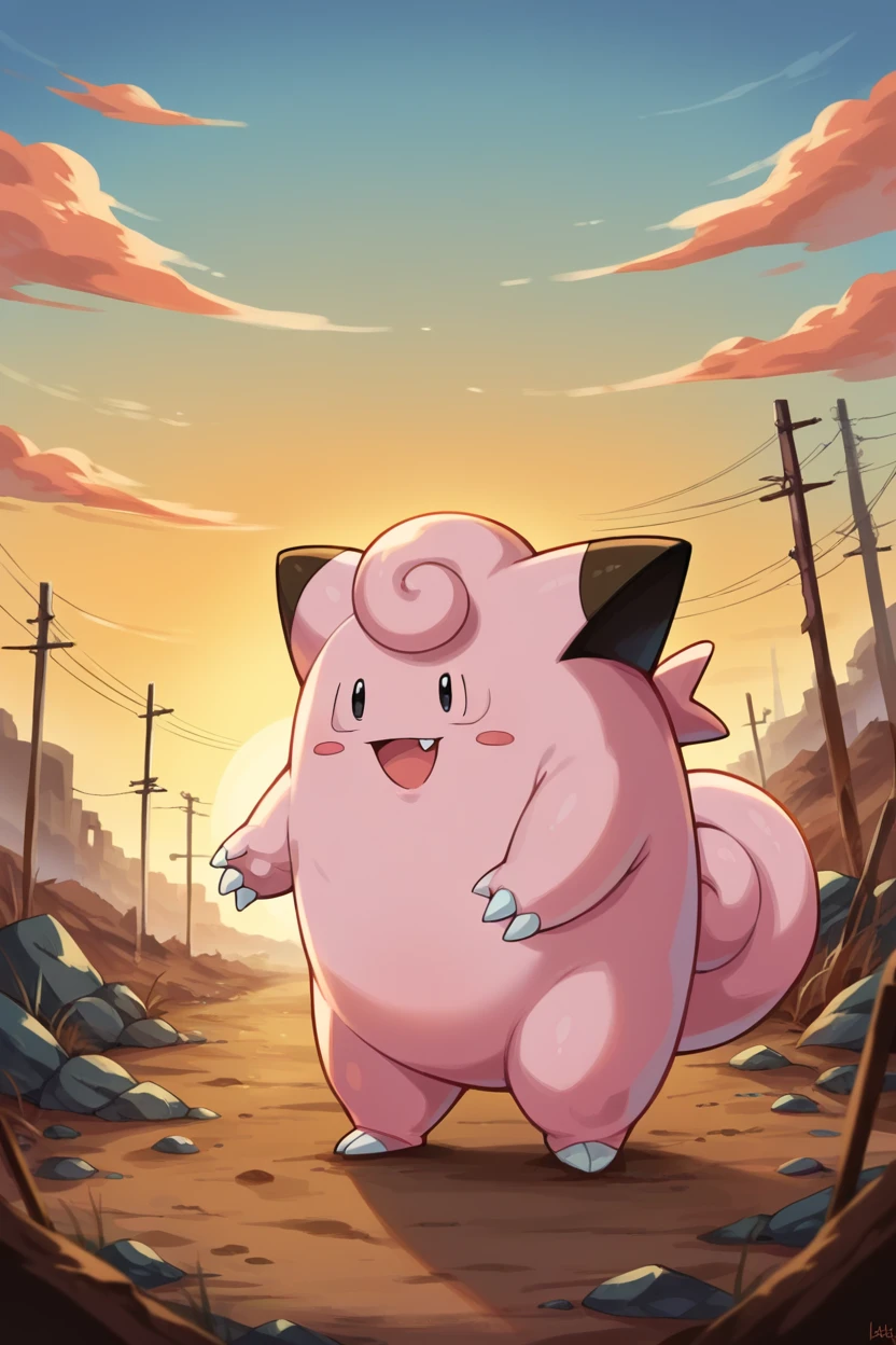 score_9, score_8_up, score_7_up, score_6_up, score_5_up, score_4_up, BREAK  clefairy, pokemon \(creature\), pink skin,wide shot, black eyes, curled tail, mini wings, claws, smile, open mouth,sunset , wasteland,<lora:ClefairyPony:1>