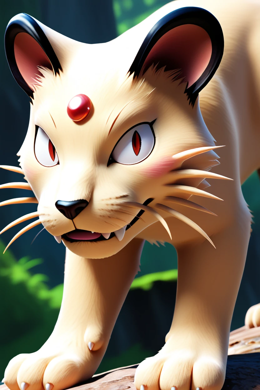 score_9, score_8_up, score_7_up, score_6_up, BREAK persian \(pokemon\), pokemon \(creature\),no humans,solo, beige fur, cat, tail, red eyes, slit pupils,fangs, whiskers, red forehead jewel,cliff,outdoors,dawn,3d, <lora:PersianPony:1>