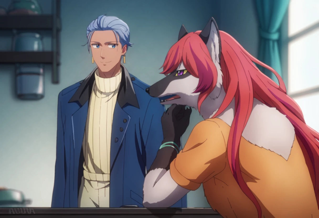 score_9, score_8_up, score_7_up, best quality, anime, kitchen background, red wallpaper, thick lines, ghibli, sink, side view, (duo)
BREAK
<lora:caterina6-v1.2:0.5>, edward-chi, smiling, blue eyes, monocle, from side, blue blazer, looking right, white turtleneck, earrings
BREAK
<lora:caterina6-v1.2:0.5>, tall athletic kemono female anthro fox sitting, grey fur, extremely fluffy, bracelet, side view, caterina-sue, detailed purple eyes with yellow sclera, orange t-shirt, upper body, close up, speaking, talking, open mouth, fox snout