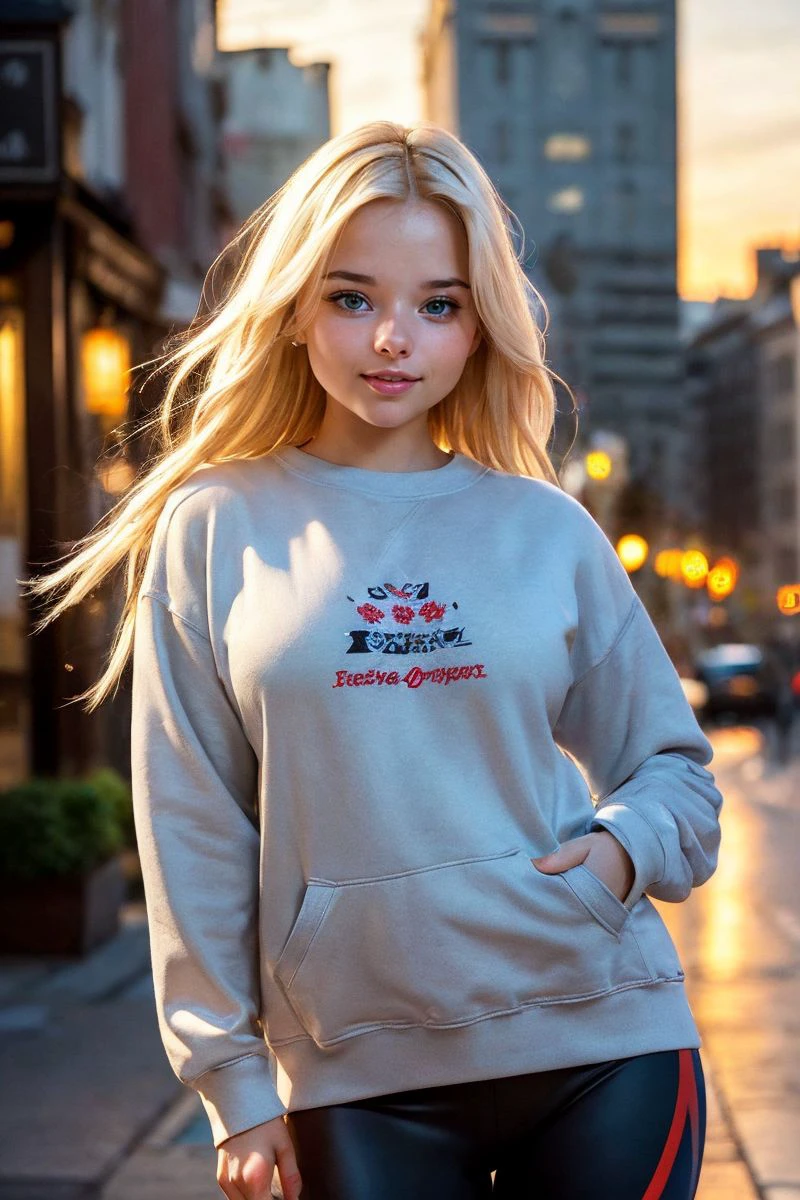 photo of S405_BiancaBell,a stunning woman,in a (city:1.1),wearing a (sweatshirt:1.1),(leggings),(sunset),(4k, RAW photo, best quality, 50mm, depth of field, ultra high res:1.1),(intricate, photorealistic, cinematic-shot, masterpiece, ultra-detailed:1.1),