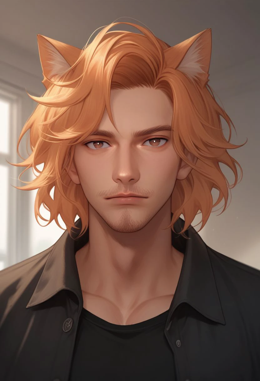 Phoenix Montoya, 1boy, male focus, solo, solo focus, orange hair, brown eyes, animal ear fluff, cat ears, animal ears, facial hair, stubble, goatee, black shirt, hispanic, looking at viewer, indoors, shirt, solo, upper body, score_9, score_8_up, score_7_up, score_6_up,