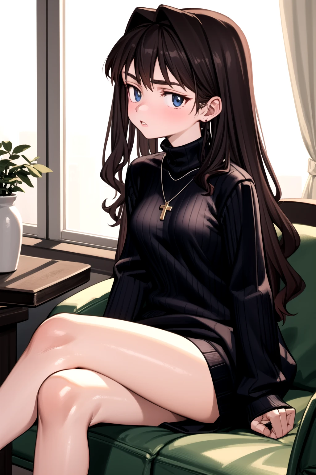 <lora:elisia_valfelto_v0.7:1>
1girl, elisia valfelto, sitting, crossed legs, turtleneck sweater, ribbed sweater, sleeves past wrists, necklace, indoors, black sweater,, masterpiece, best quality, highly detailed