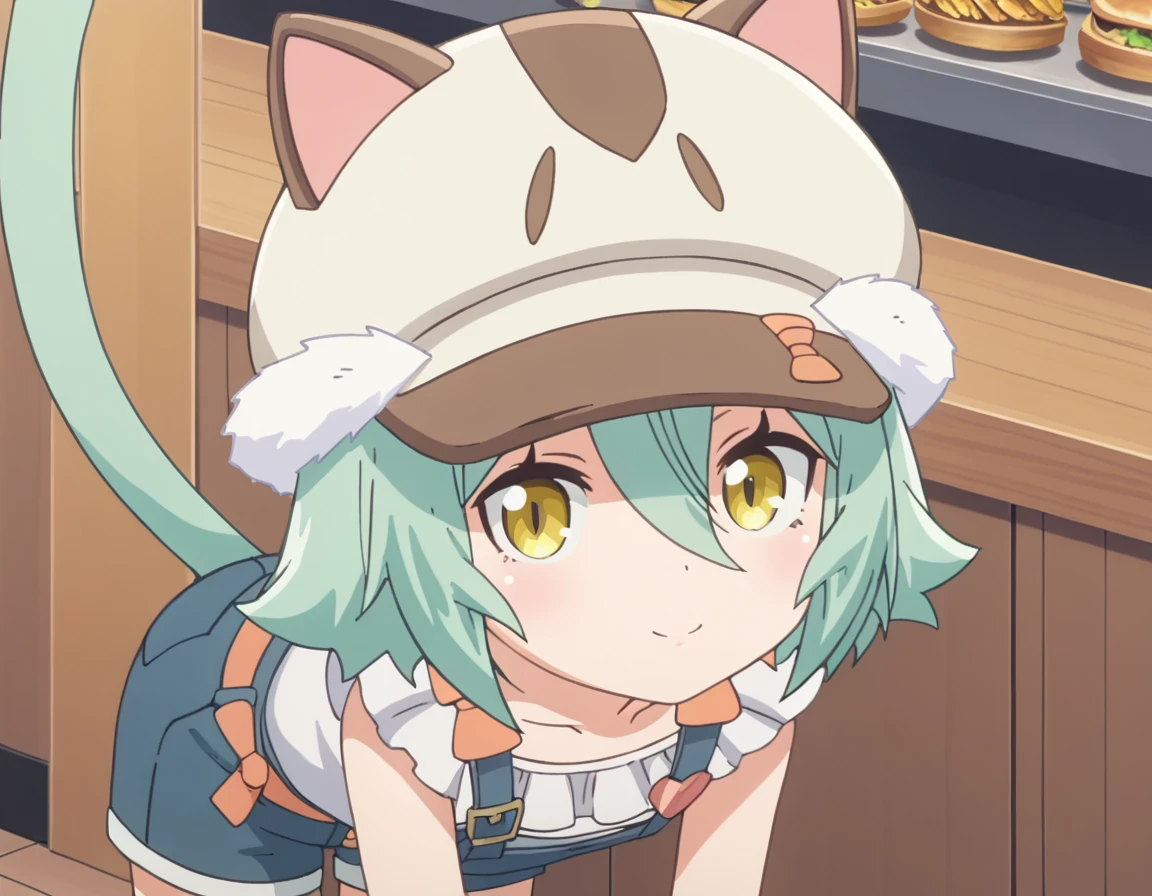 score_9, score_8_up, score_7_up, source_anime,
nekoparacacao, <lora:nekopara-cacao-s1-ponyxl-lora-nochekaiser:1>,
cacao, short hair, animal ears, hair between eyes, yellow eyes, green hair, cat girl,
shirt, hat, collarbone, tail, cabbie hat, overalls, cat hat, overall shorts,
indoors, cafe, bent over, smile,
looking at viewer, solo, cowboy shot, dutch angle,