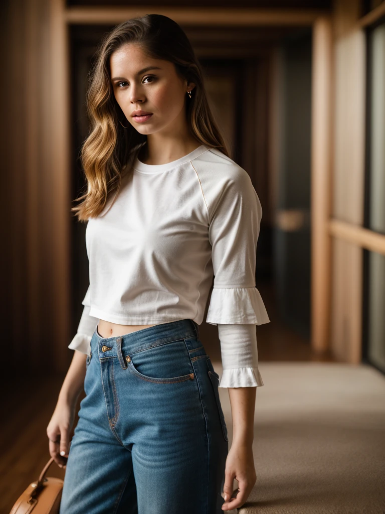 Realistic photo of a beautiful 3r1nm0 woman, 1girl, solo, long hair, looking at viewer, blonde hair, shirt, pants, lips, leaf, denim, t-shirt, clothes writing, jeans, realistic, raglan sleeves, soft lighting, professional Photography, Photorealistic, detailed, RAW, analog, sharp focus, 8k, HD, DSLR, high quality, Fujifilm XT3, film grain, award winning, masterpiece<lora:3r1nm0:1.0>