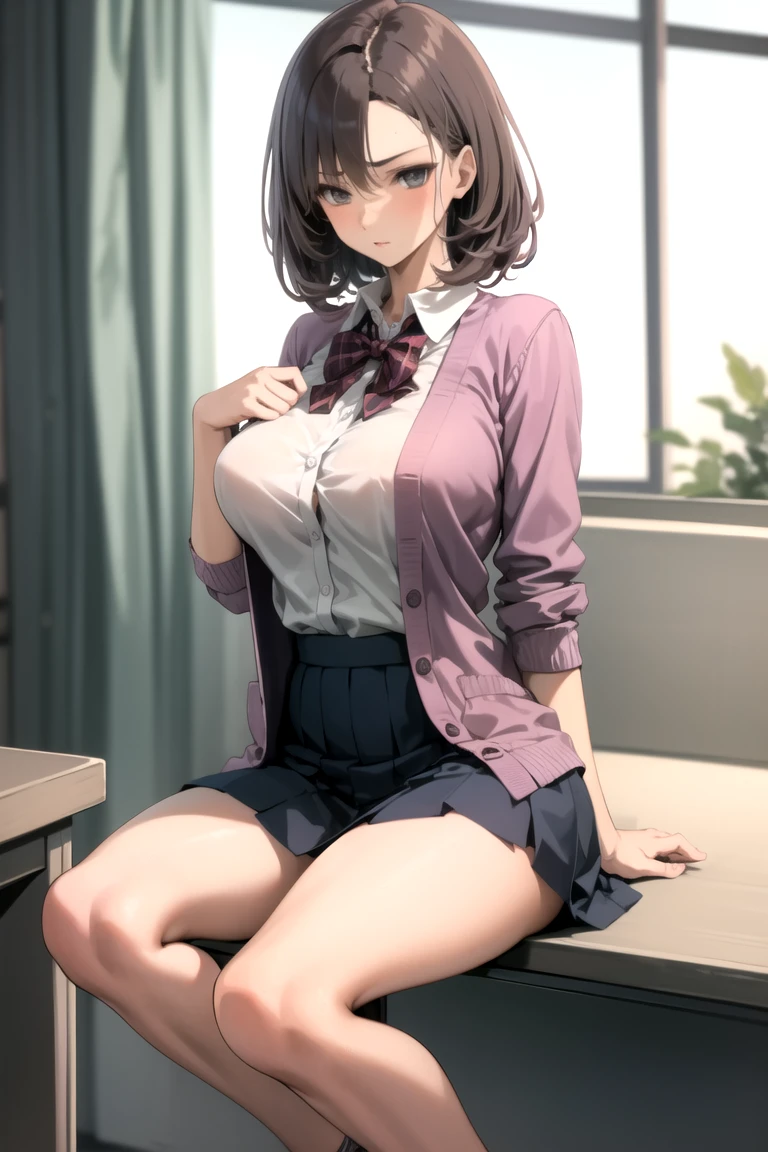 <lora:kesokeso_v0.2:1.0>
1girl, school uniform, collared shirt, plaid skirt, large breasts, cardigan, thighs,, masterpiece, best quality, highly detailed