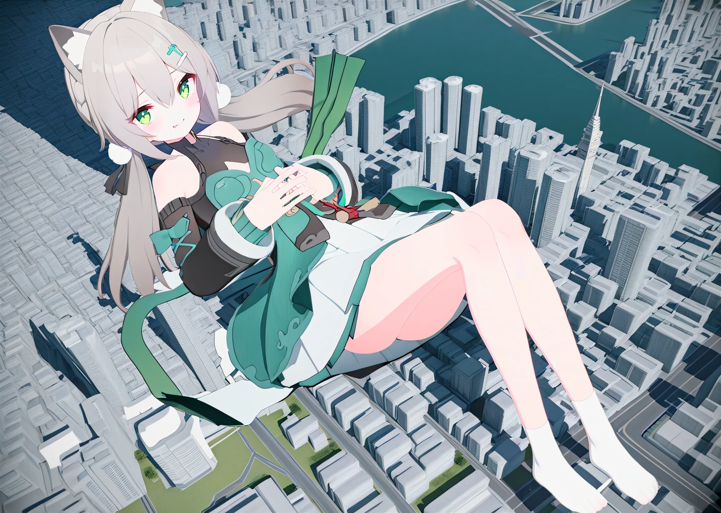 high quality, masterpiece,
digital art, city, 3d,
1girl, solo, full body, green eyes, blush, sparkling eyes, smile, wide shot,
on back, looking at viewer, own hands together,
grey hair, twintails, cat ears, pom pom hair ornament,
detached sleeves, long sleeves,
green dress, white skirt,
(bare legs),
white socks,
no shoes,
<lora:qingque60-you-014:0.7>
