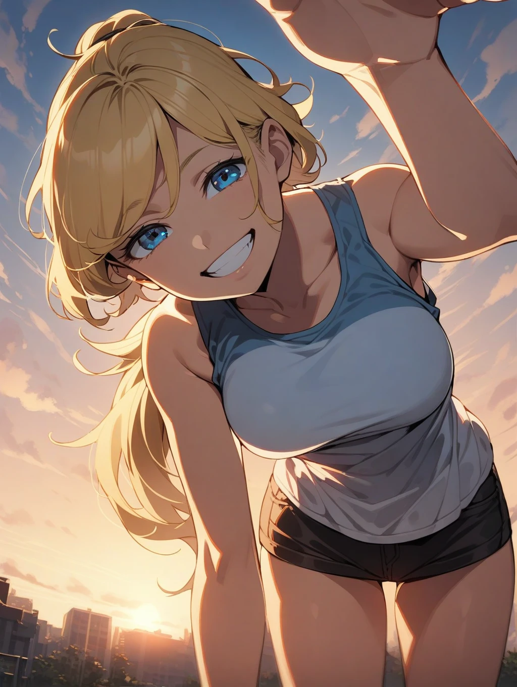 1girl,  <lora:incoming_headpat_v04a:1>  inhep, arm up,  blonde hair, ponytail, blue eyes, grin, tank top, outdoors, open hand, from below, evening, leaning forward,