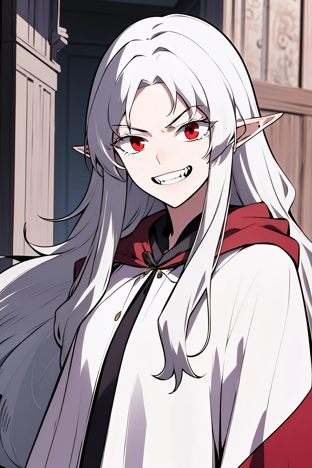 masterpiece, best quality, 1girl, solo, <lora:Ophelia_r1-000001:0.8> ophelia, white hair, long hair, red eyes, cloak, white shirt, grin, fangs, upper body, cowboy shot