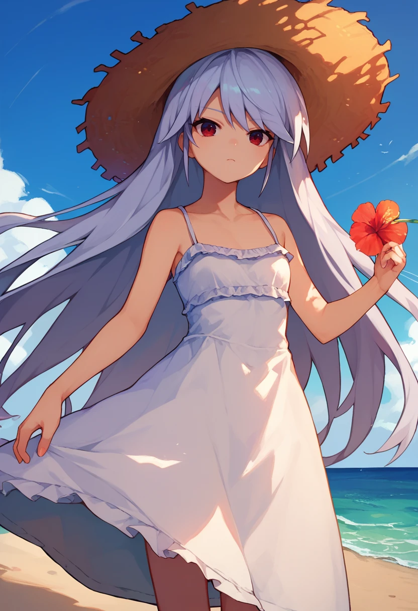 score_9, score_8_up, score_7_up, 1girl, Kazuki, silver hair, long hair, red eyes, straw hat, white sundress, beach, <lora:Kazuki Dora V2-000009:1>