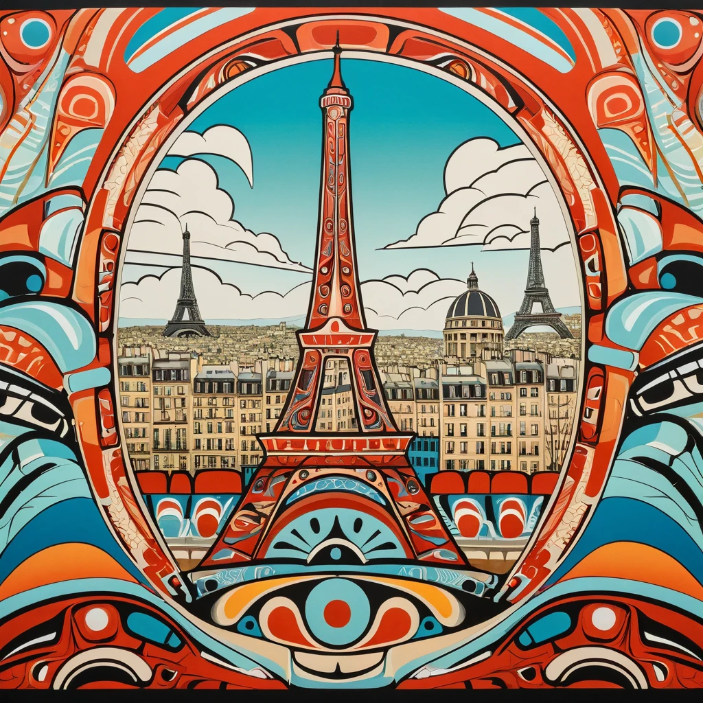 postcard of Paris in the style of a contemporary Haida print, ultra detailed, vibrant colors, intricate patterns, masterpiece, 8k