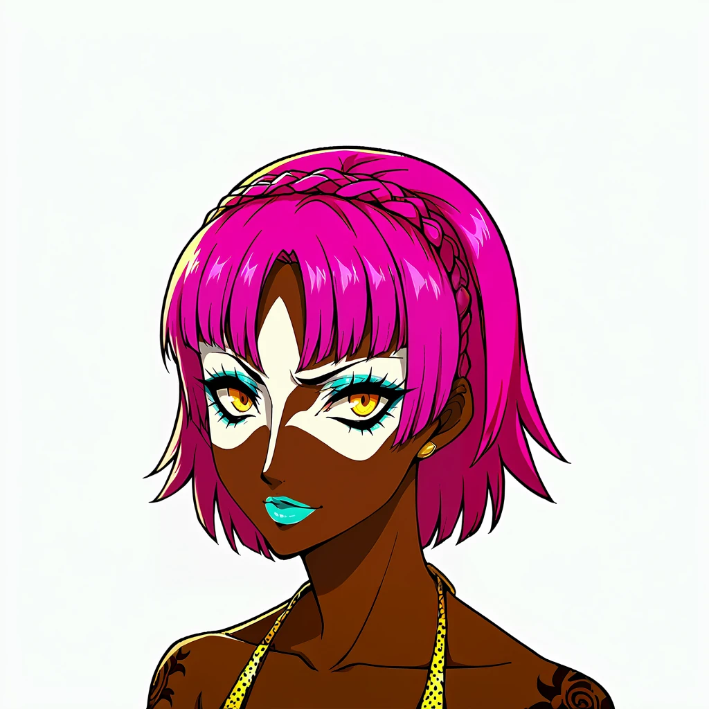 Score_9, score_8_up, score_7_up, score_6_up, yamanba, source_anime, 1girl, solo, white background, abstract rectangular background, upper body, looking at viewer, BREAK, pink hair, cyan hair, (two-tone hair), nose ring, hoop earrings, BREAK, cyan lips, very dark skin, dark-skinned female. (yamanba, white facepaint makeup:1.3), eyeshadow, (leopard print microdress:1.3), fur trim, bare shoulders, off shoulder, white choker, hair ornament, (cleavage, topless, areola slip, tattoos, piercings), (white areolae,undercut:1.3), phSaber, phAltoria, 1girl, solo, armor, gauntlets, weapon, armored dress, sword, holding, french braid, holding weapon, holding sword, blue dress, long sleeves, puffy sleeves, glowing weapon, glowing, blue ribbon, glowing sword, bangs, hair bun, french braid, juliet sleeves, hair between eyes, breastplate, short hair, single hair bun,