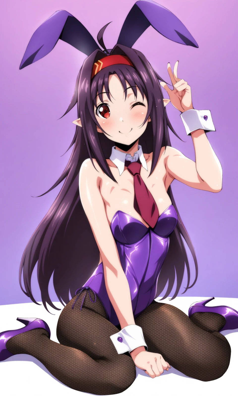 1girl, yuuki (sao), animal ears, pantyhose, rabbit ears, solo, pointy ears, playboy bunny, long hair, red eyes, one eye closed, detached collar, purple leotard, wrist cuffs, leotard, purple hair, fishnets, fishnet pantyhose, necktie, sitting, strapless, strapless leotard, smile, looking at viewer, ahoge, black pantyhose, breasts, wariza, purple footwear, fake animal ears, small breasts, 
masterpiece, best quality, very aesthetic, absurdres, Ibunny, 
<lora:IslandBunnyGirls_xl:1>