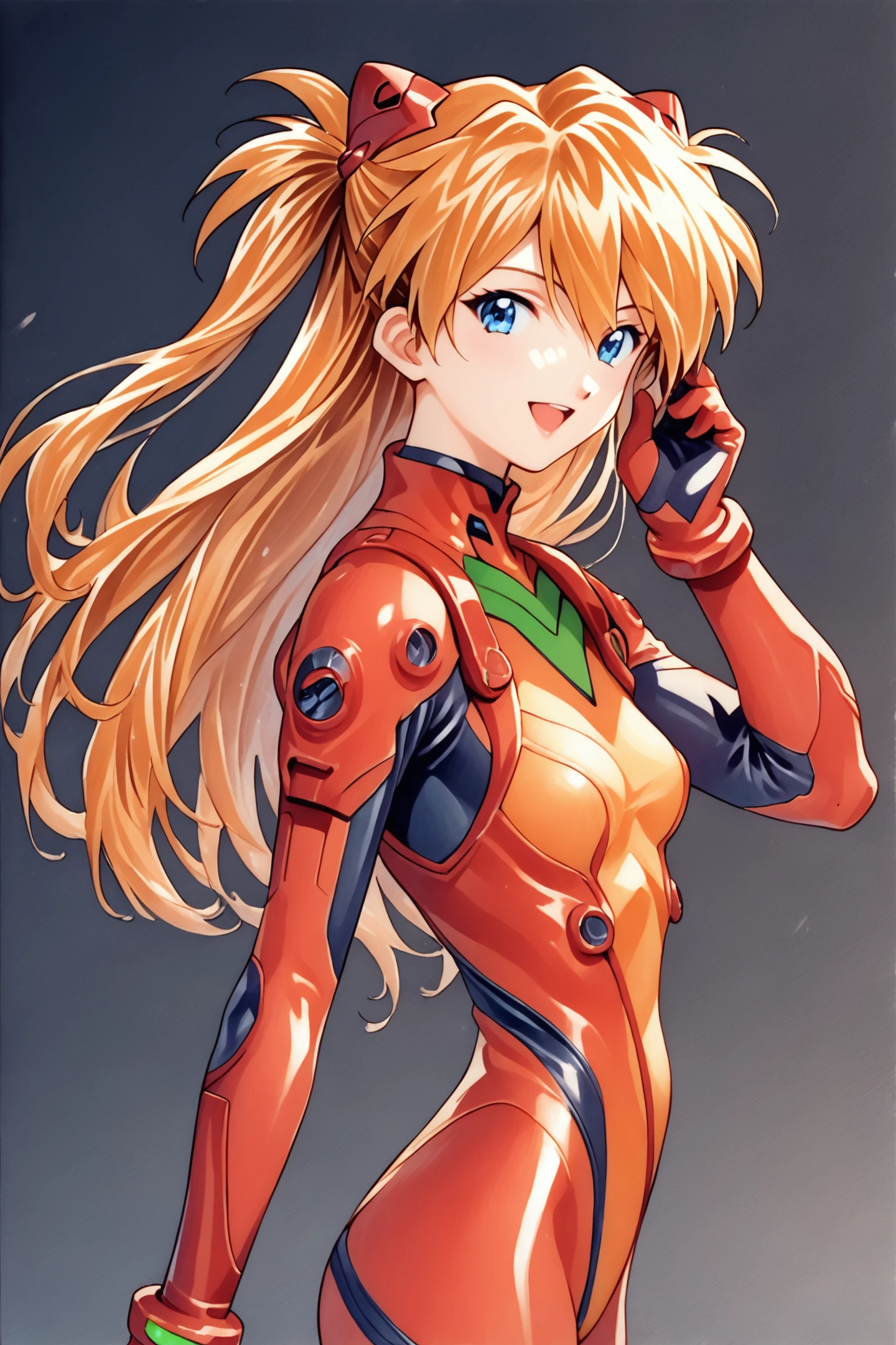 1girl,long hair,plugsuit,bodysuit,souryuu asuka langley,pilot suit,bracer,blue eyes,smile,open mouth,breasts,bangs,turtleneck,solo,cowboy shot,:d,hair between eyes,gloves,red bodysuit,small breasts,looking at viewer,headgear,two side up,hand on hip,skinny,adjusting hair,narrow waist,standing,orange hair,science fiction,hand up,shiny clothes,hair ornament,happy,from side,shiny,skin tight,simple background,black background,retro artstyle,traditional media,score_9,score_8_up,<lora:Sakura Wars_XL_PONY_V2.1:0.8>,