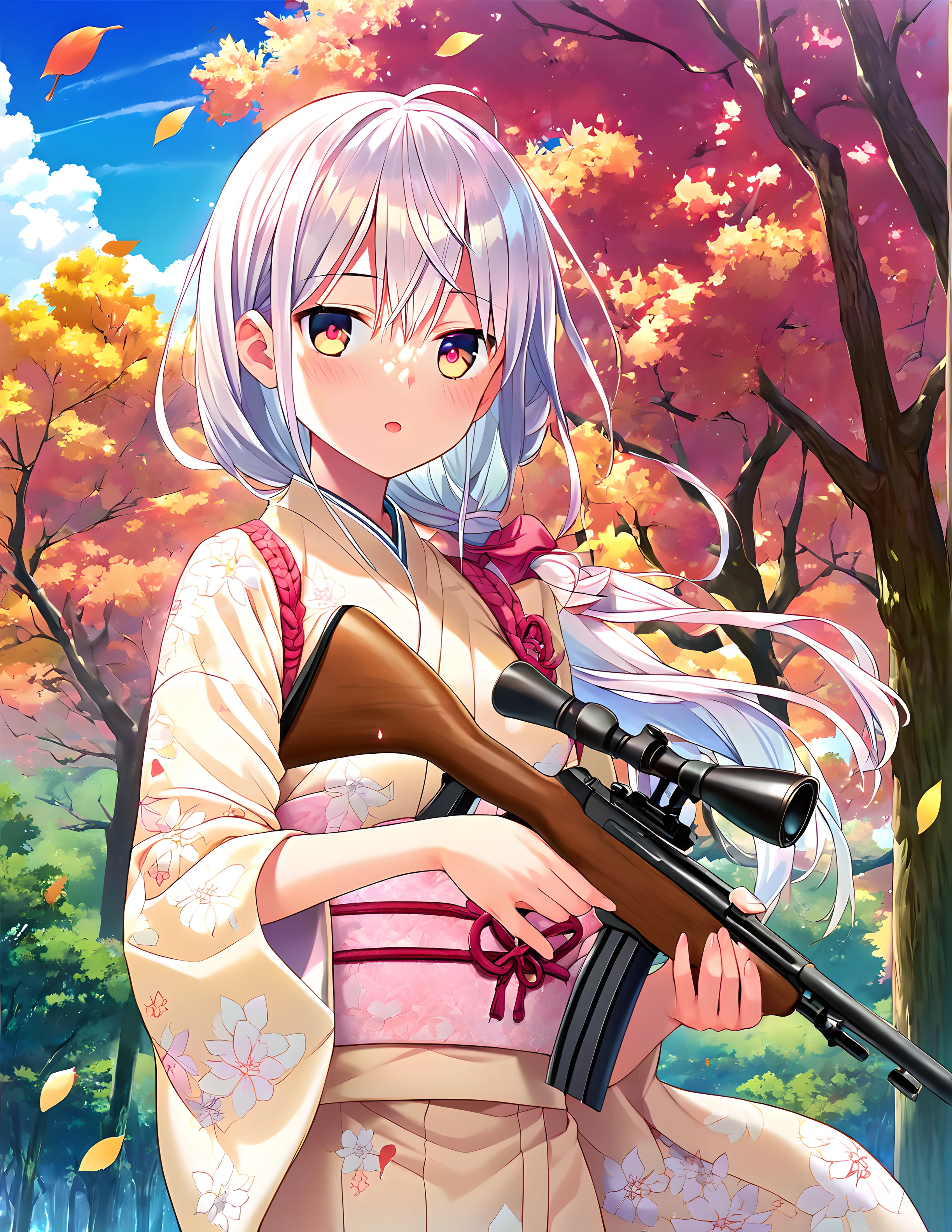 <lora:pony_xl_Fumino:0.8>,Fumino,score_9,score_8_up,score_7_up,source_anime,1girl,solo,looking at viewer,japanese clothes,print kimono,floral print,wide sleeves,obi,holding weapon,gun,rifle,day,nature,grove,falling leaves,the dappled sunlight that filters through the leaves of trees,sunny weather writing,strong rim light,lens_flare,hair fluttering in the,cowboy_shot,open mouth,light_blush,