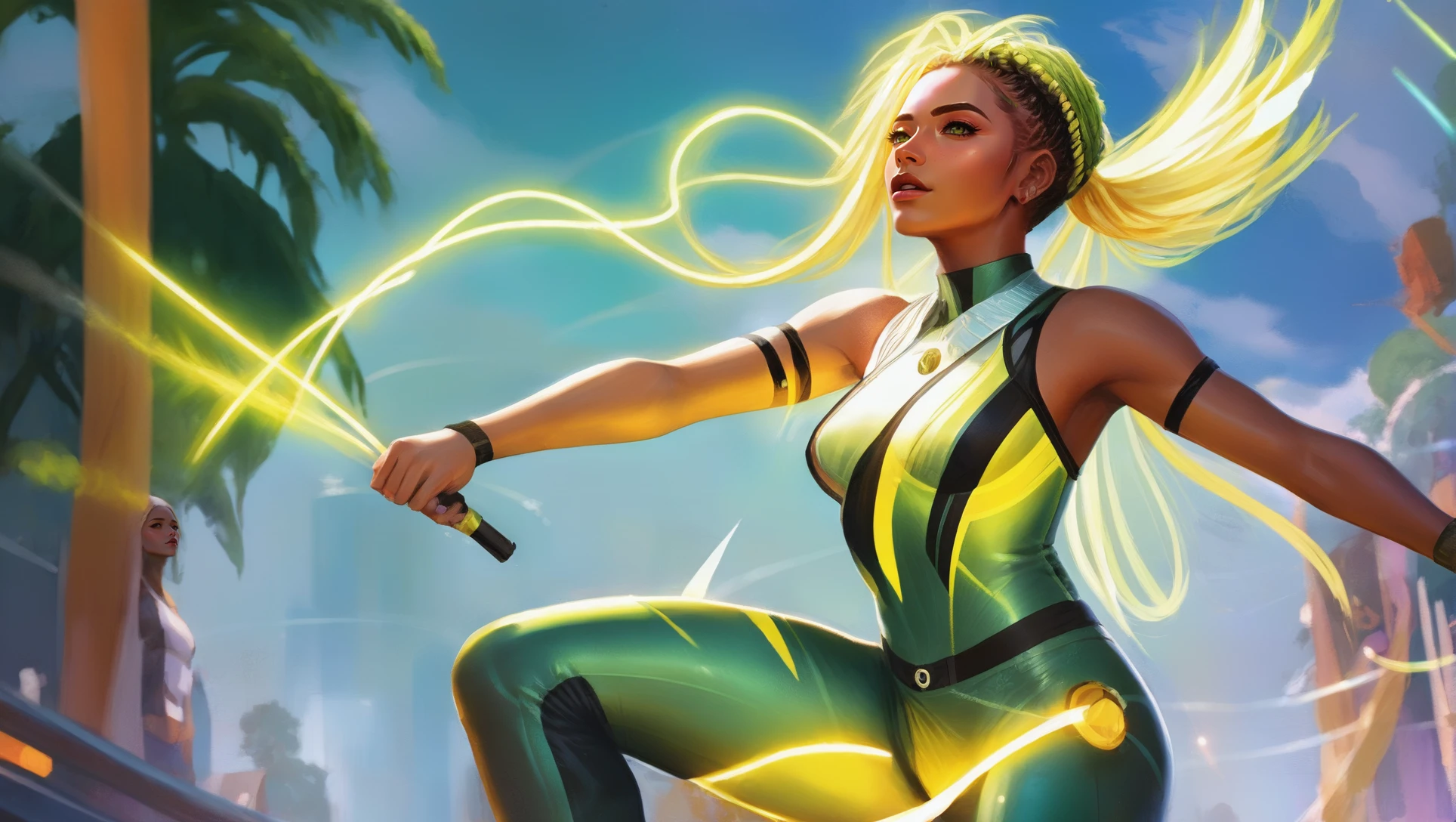 anime digital painting, action shot, 1girl, woman, (visually stimulating Camp:1.3) angel, [:wild, outlandish costume design,:0.2], bombshell hair, goldenrod hair, Lemonade Braids, palegreen clothes, toned body, athletic build, narrow waist, wide hips, medium breasts, (african, dark skin:0.6), Tenebrous scifi megacity beyond the beginning of reality<lora:EnvyStarlightMoba01-easymode:1><lora:EnvyBetterHiresFixXL01:0:hr=1>