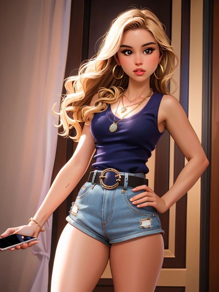 Realistic photo of a beautiful 3r1nm0 woman, 1girl, solo, long hair, blonde hair, brown hair, holding, jewelry, earrings, shorts, belt, indoors, necklace, lips, phone, cellphone, tank top, denim, animal print, smartphone, holding phone, denim shorts, realistic, selfie, leopard print, soft lighting, professional Photography, Photorealistic, detailed, RAW, analog, sharp focus, 8k, HD, DSLR, high quality, Fujifilm XT3, film grain, award winning, masterpiece<lora:3r1nm0:1.0>