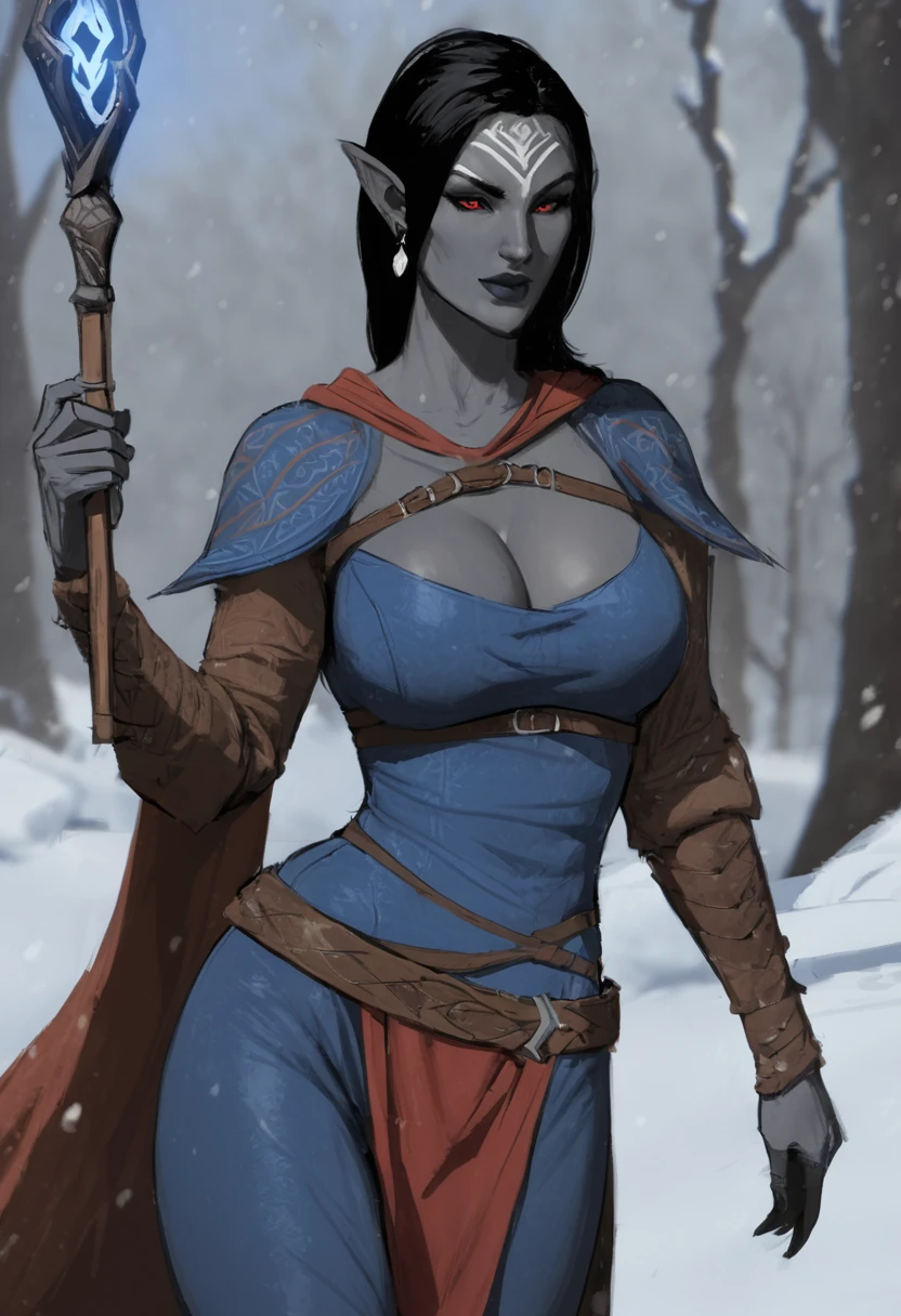 Unreal Engine 5, Render, beautiful female dunmer mage, solo, holding staff, (grey skin), short dark hair, red eyes, blue mage robes, pelvic curtain, large breasts, winter, snow, College of Winterhold \(Skyrim\), medieval fantasy, thick thighs, wide hips, cowboy_shot, portrait, raytracing, concept art, global illumination, physically based rendering, high fidelity, trending on artstation, detailed textures, breathtaking, atmospheric, depth of field, detailed facial features, intricate face tattoos, wind lift, clothes lift, pussy, upskirt, 
 <lora:Dunmer:1>