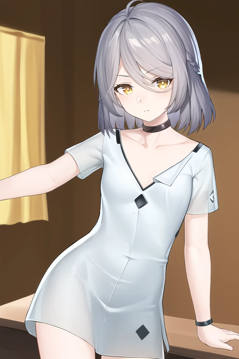 masterpiece,best quality,bedroom,looking at viewer,punching towards viewer,action line,
<lora:ankaxiya:0.75>,ankaxiya,skin01,1girl,solo,shy,yellow eyes,black choker,grey hair,collarbone,braid,short sleeves,bangs,small breasts,dress,