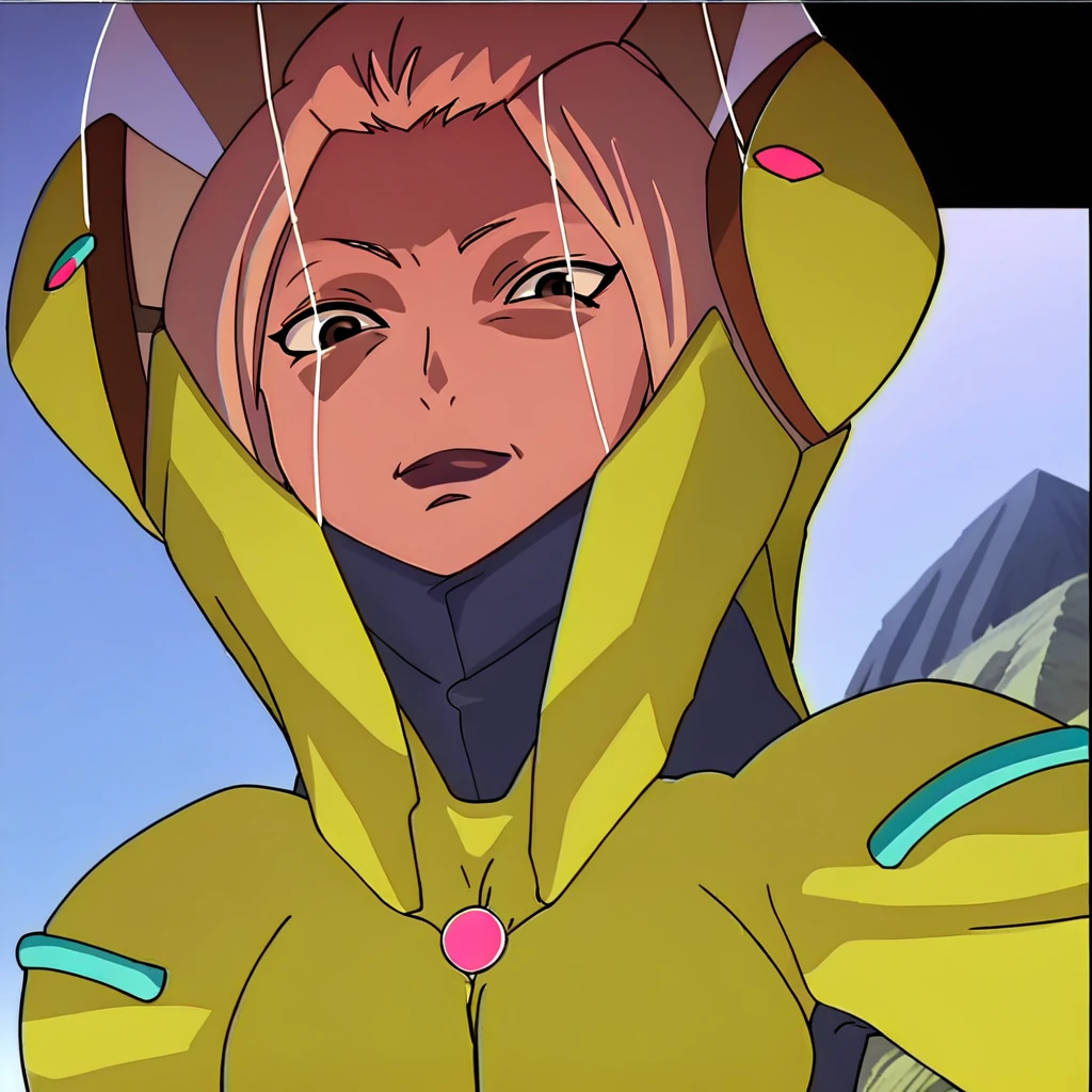 Mink Leiden ,space helmet, yellow pilotsuit,looking at viewer, solo, cowboy shot, dutch angle,outdoor,landscape,source_anime, rating_safe, intricate details, anime screencap, anime coloring, official style, looking at viewer