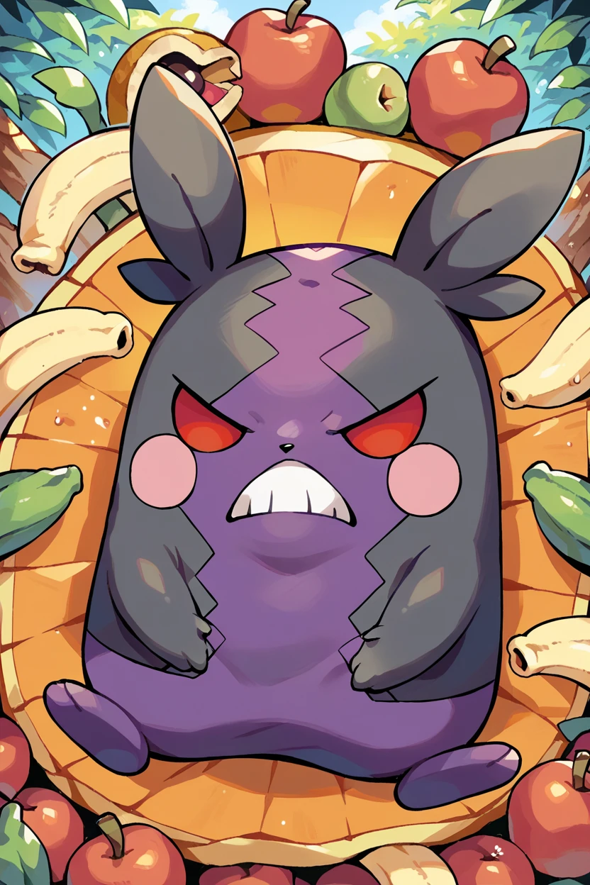 score_9, score_8_up, score_7_up, score_6_up, score_5_up, score_4_up, BREAK morpeko \(hangry\), pokemon \(creature\),solo, red eyes, angry, fruit, vegetable, apple, banana, orange, canyon, <lora:MorpekoPony:1>