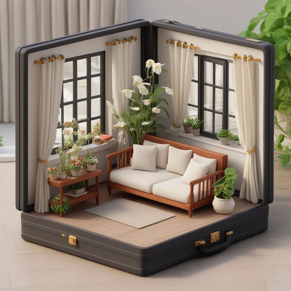 isztoksk, minature suitcase open as if it were the home of an elf, no humans, window, plant, chair, couch, curtains, vase, flower, bed, potted plant, 3d, miniature, isometric, game design, octane render, masterpiece, best quality