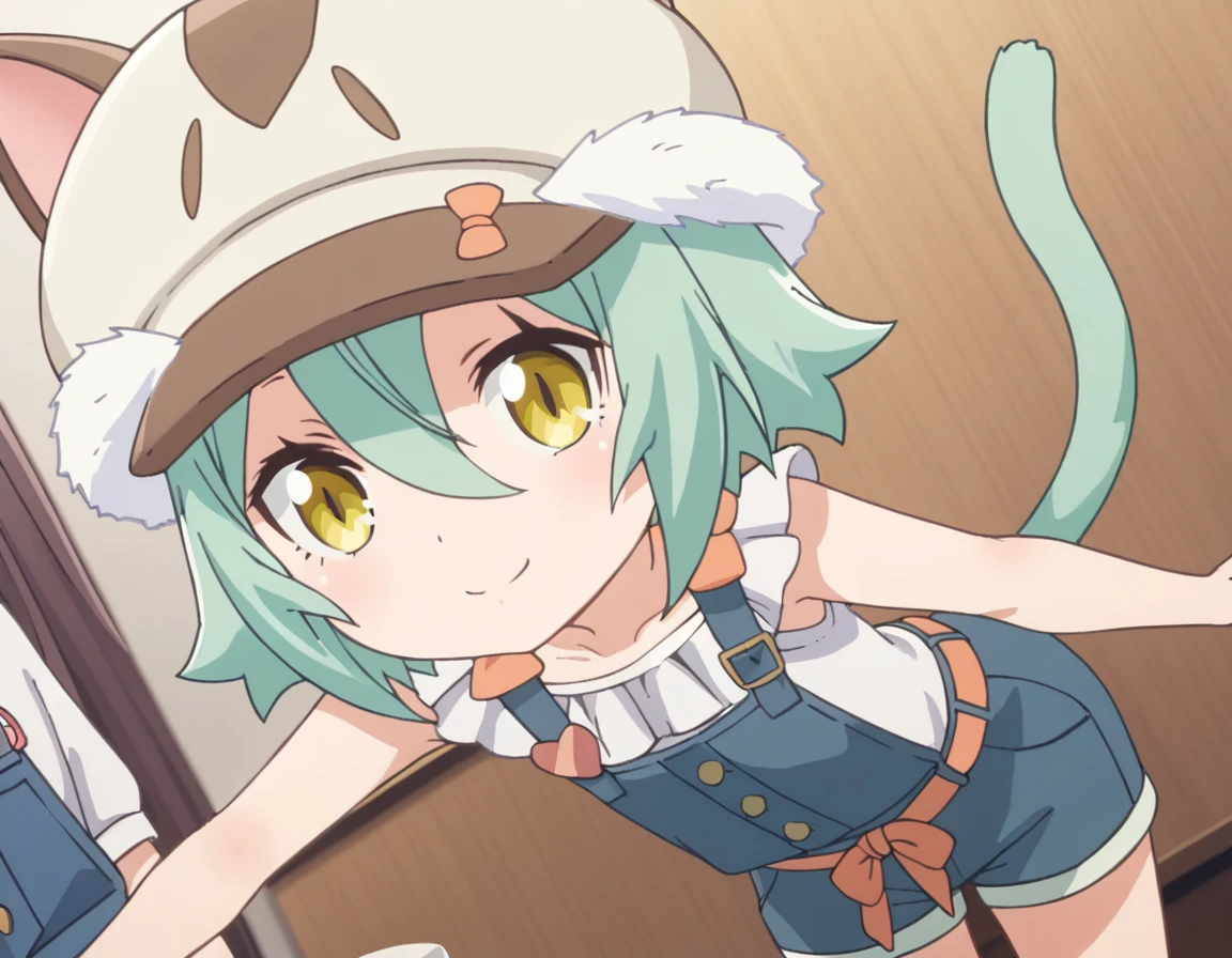 score_9, score_8_up, score_7_up, source_anime,
nekoparacacao, <lora:nekopara-cacao-s1-ponyxl-lora-nochekaiser:1>,
cacao, short hair, animal ears, hair between eyes, yellow eyes, green hair, cat girl,
shirt, hat, collarbone, tail, cabbie hat, overalls, cat hat, overall shorts,
indoors, cafe, bent over, smile,
looking at viewer, solo, cowboy shot, dutch angle,
