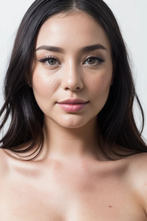full body shot, photoshoot, black background. RAW photo, editorial photograph, film stock photograph, cinematic, full naked, full nude, nude, naked, pubi hair is black, an eye contact of a indonesian woman, grimace, primer, Intricate, cream eyeliner, stain lipstick, odd numbers, Button nose, Freckles, shoulder length straight hair, pink skin color, soft focus. 8k, highly detailed, detailed skin texture, natural skin texture, detailed cloth texture, perfect eyes, detailed eyes,, (high quality, best quality:1.3), Extremely high-resolution, amateur photo, Fujifilm Superia Premium 400, Nikon D850 film stock photograph Kodak Portra 400 camera f1.6 lens, 8k, UHD