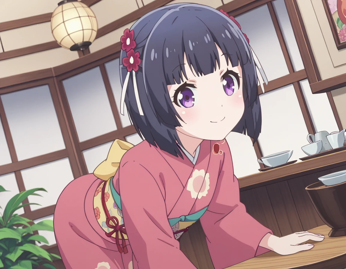 score_9, score_8_up, score_7_up, source_anime,
shigureminazuki, <lora:shigure-minazuki-s1-ponyxl-lora-nochekaiser:1>,
shigure minazuki, short hair, bangs, black hair, hair ornament, black hair, purple eyes, hair ribbon, flower, hair flower, red flower,
long sleeves, japanese clothes, wide sleeves, kimono, sash, obi, floral print, print kimono, pink kimono,
indoors, cafe, smile, bent over,
looking at viewer, solo, cowboy shot, dutch angle,