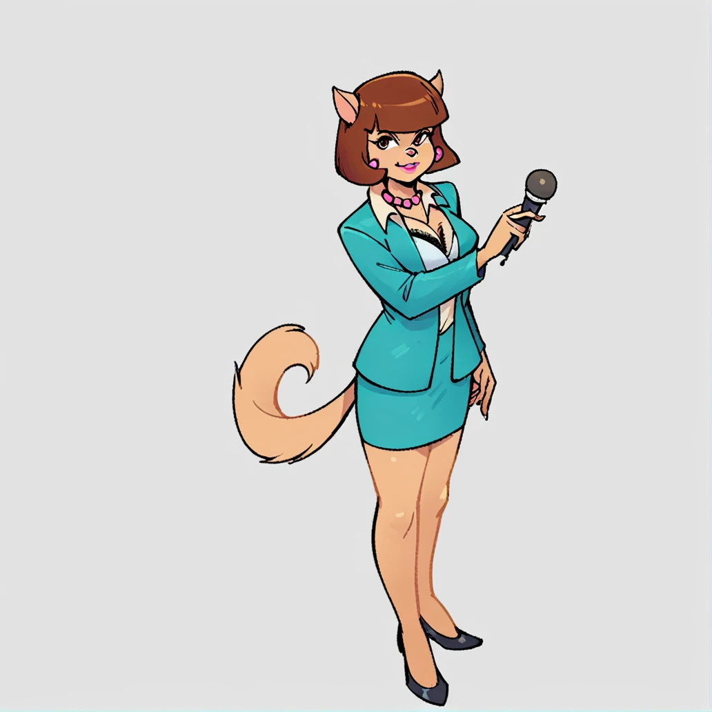 score_9, score_8_up, score_7_up, score_6_up, score_5_up, score_4_up, (Source furry), (rating safe), <lora:ann_gora:1>, ann gora, 1girl, solo, breasts, looking at viewer, smile, skirt, simple background, white background, holding, animal ears, cleavage, jewelry, jacket, tail, full body, earrings, necklace, black footwear, bra, high heels, makeup, formal, bob cut, suit, lipstick, microphone, pencil skirt, office lady, pearl necklace, catgirl, furry female, animal nose, cat ears, short hair, brown hair, bluntbangs, brown eyes, pink lipstick
