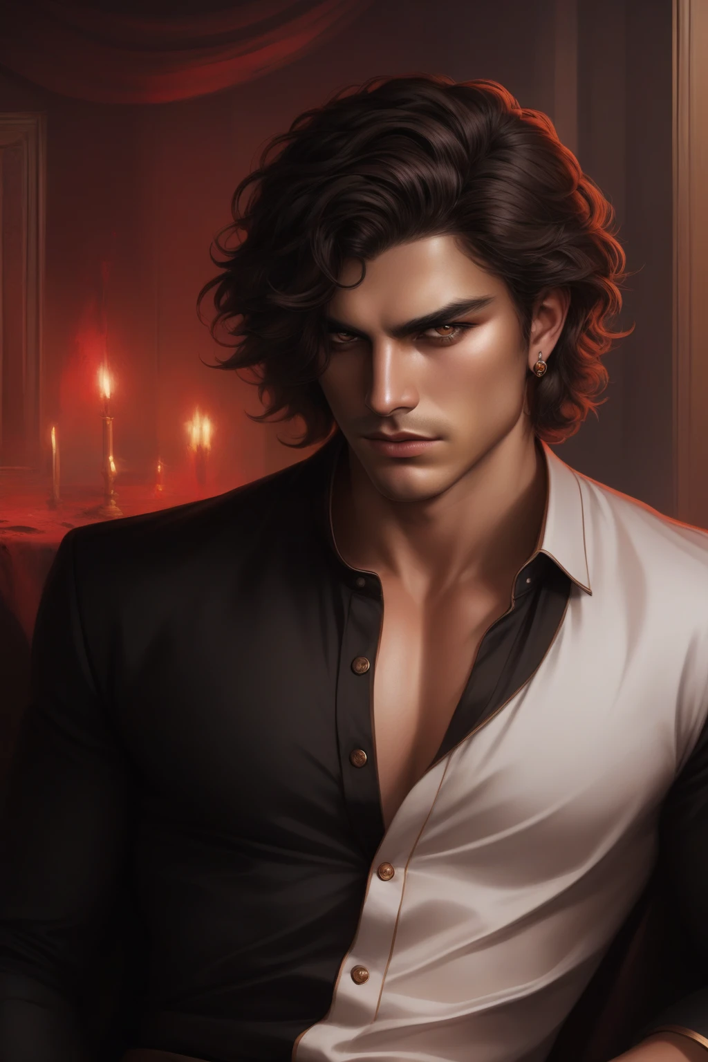 Dreamscape male, brown wavy hair, brown eyes, scar on left eye, clothes in black shirt, angry, blood on face, full body, earrings, sitting, room interior background  <lora:Doran XL:0.8> doran . Surreal, ethereal, dreamy, mysterious, fantasy, highly detailed