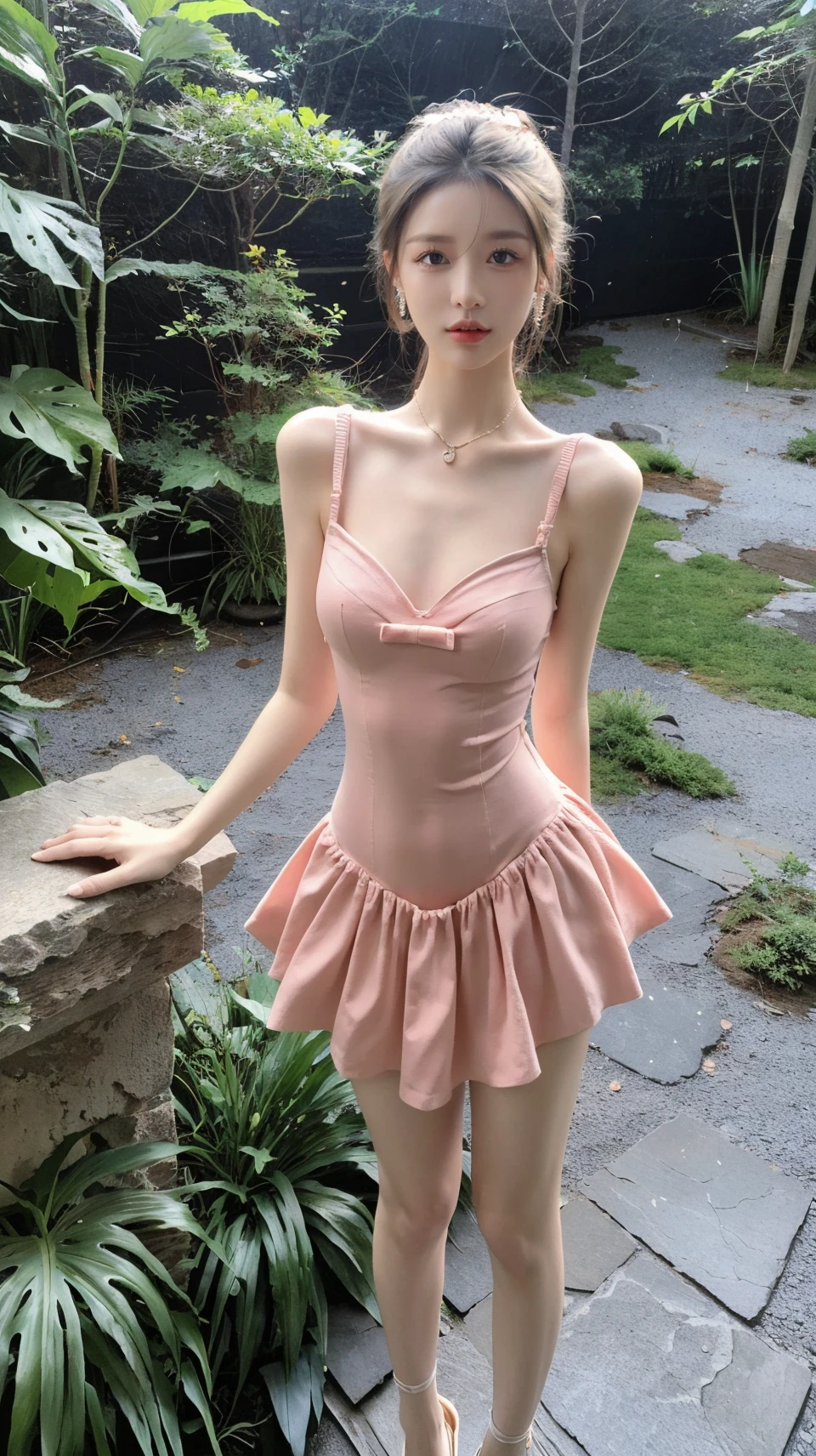 masterpiece,best quality,bright colors,solo,photo_,(1girl:1.3),(standing:1.3),(looking at viewer:1.4),Elegant,detailed gorgeous face,(cowboy shot:1.4),realistic,park background,nature,plant,,MIS,frilled dress,<lora:MIS47:0.75>