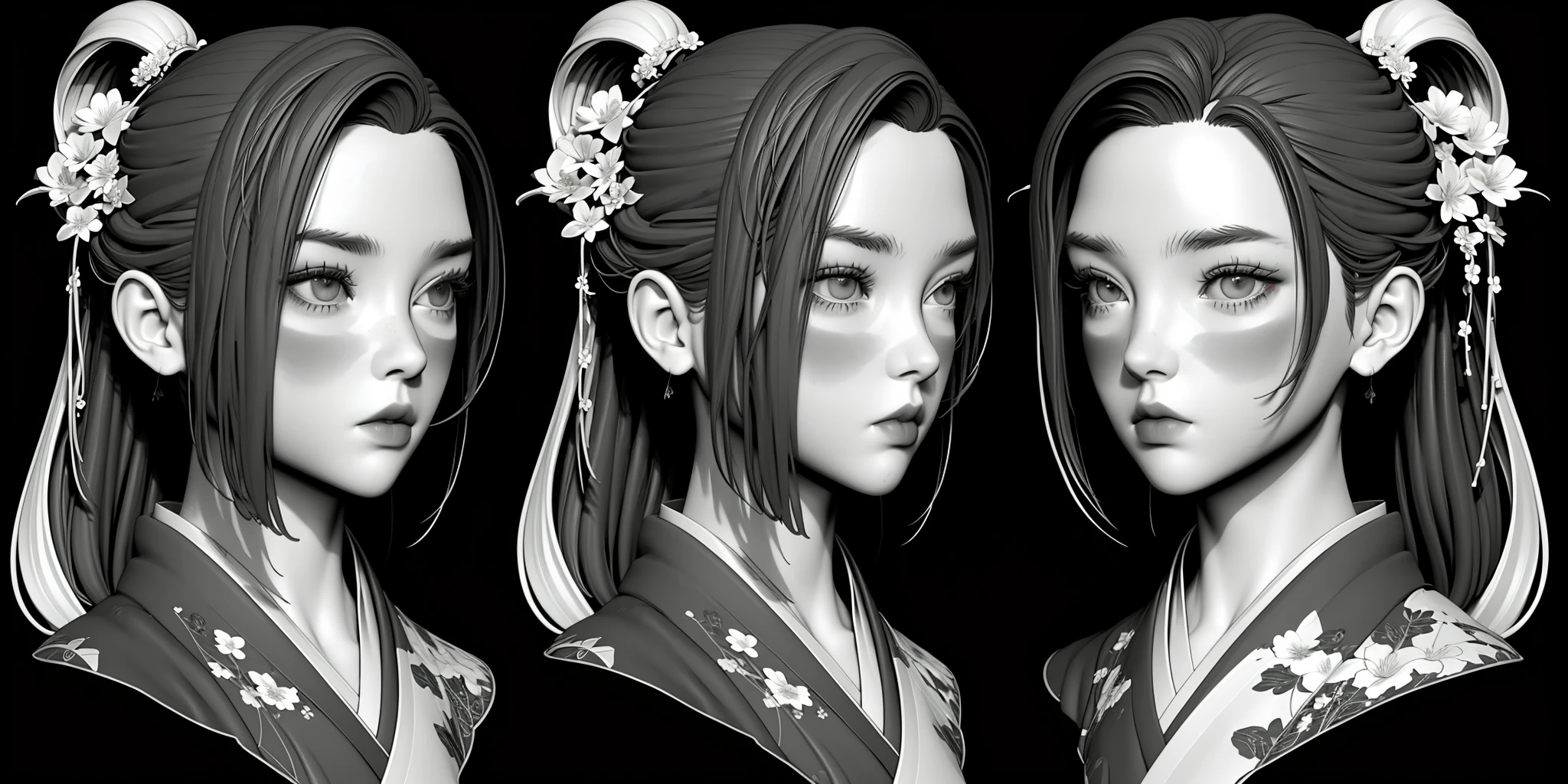 monochrome, HEZI, Three views, modeling, Hair, girl, avatar, greyscale, 1girl, hair ornament, earrings, jewelry, realistic, closed mouth, multiple views, portrait, 3girls, looking at viewer, hair stick, simple background, black background, lips, nose, flower, grey background, japanese clothes, long hair, bangs, eyelashes, expressionless, chinese clothes, parted bangs, ponytail, hair flower, floral print, mole, upper body, kimono, variations, forehead, sidelocks, looking away, hanfu, short hair<lora:建模头åä¸è§å¾-000008:0.8>,
