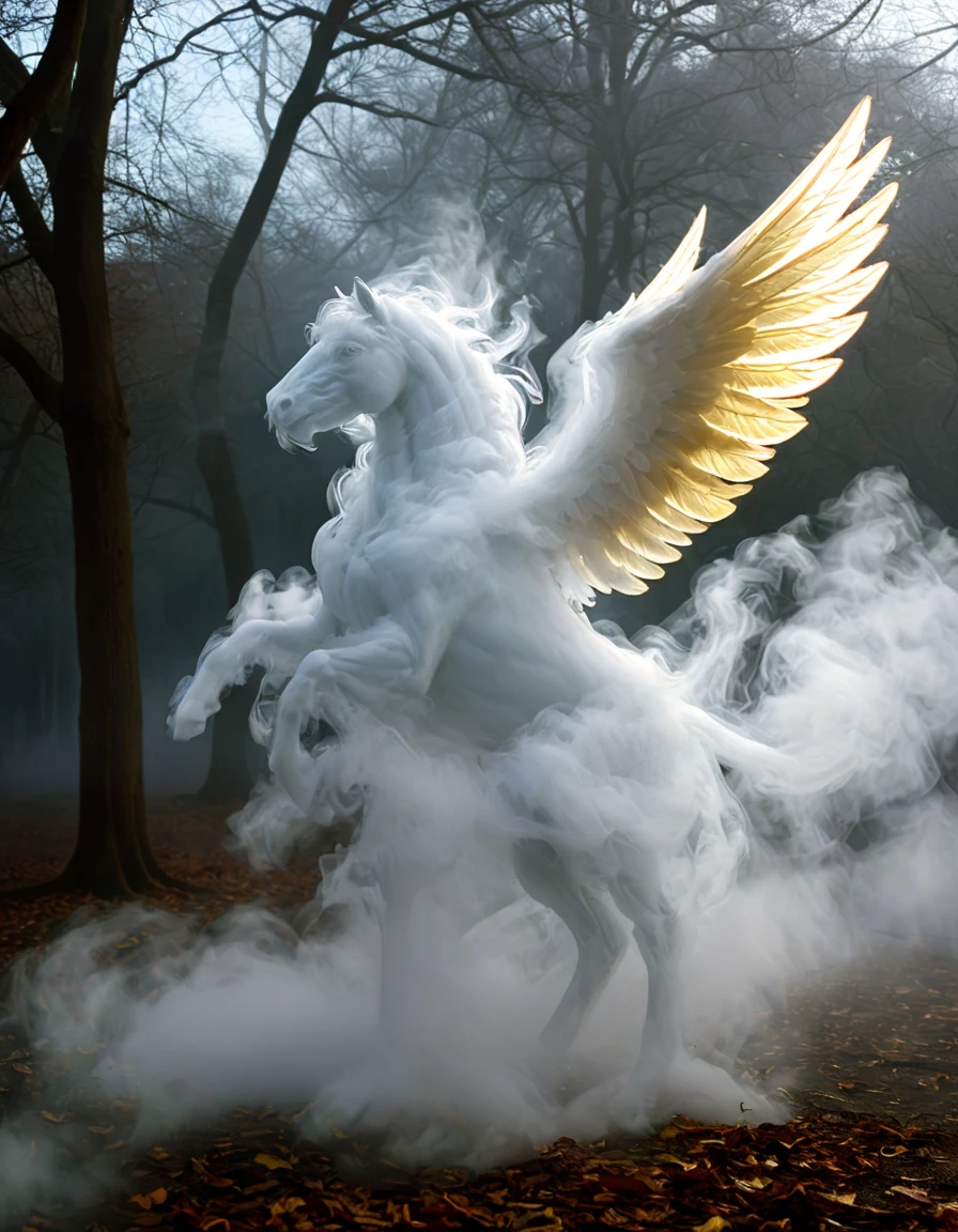 mdfg fog pegasus made of fog with golden wings in a park<lora:fog_creatures_v4_4dim:1>