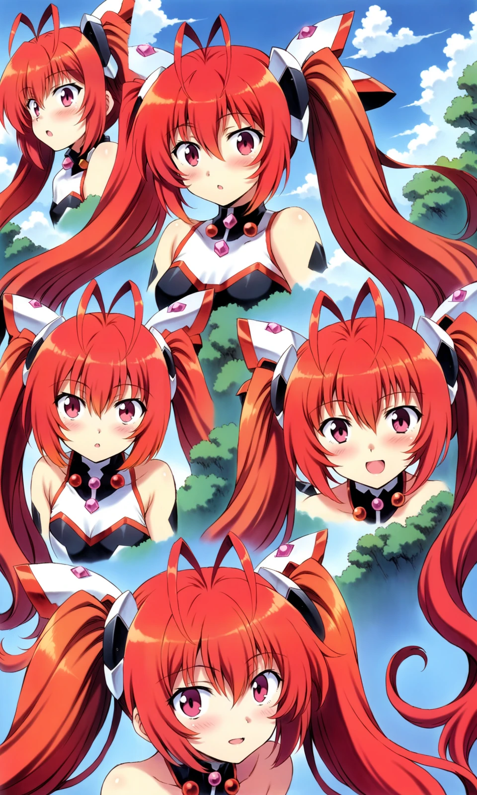 1girl, tailred, antenna hair, breasts, upper body, headgear, long hair, mecha musume, ore twintail ni narimasu, red eyes, red hair, small breasts, solo, twintails, very long hair,
looking at viewer, excited,
outdoors, street, expressions,
portrait,
masterpiece, best quality, very aesthetic, absurdres, by mogudan,
<lora:TailRed_XL:1>