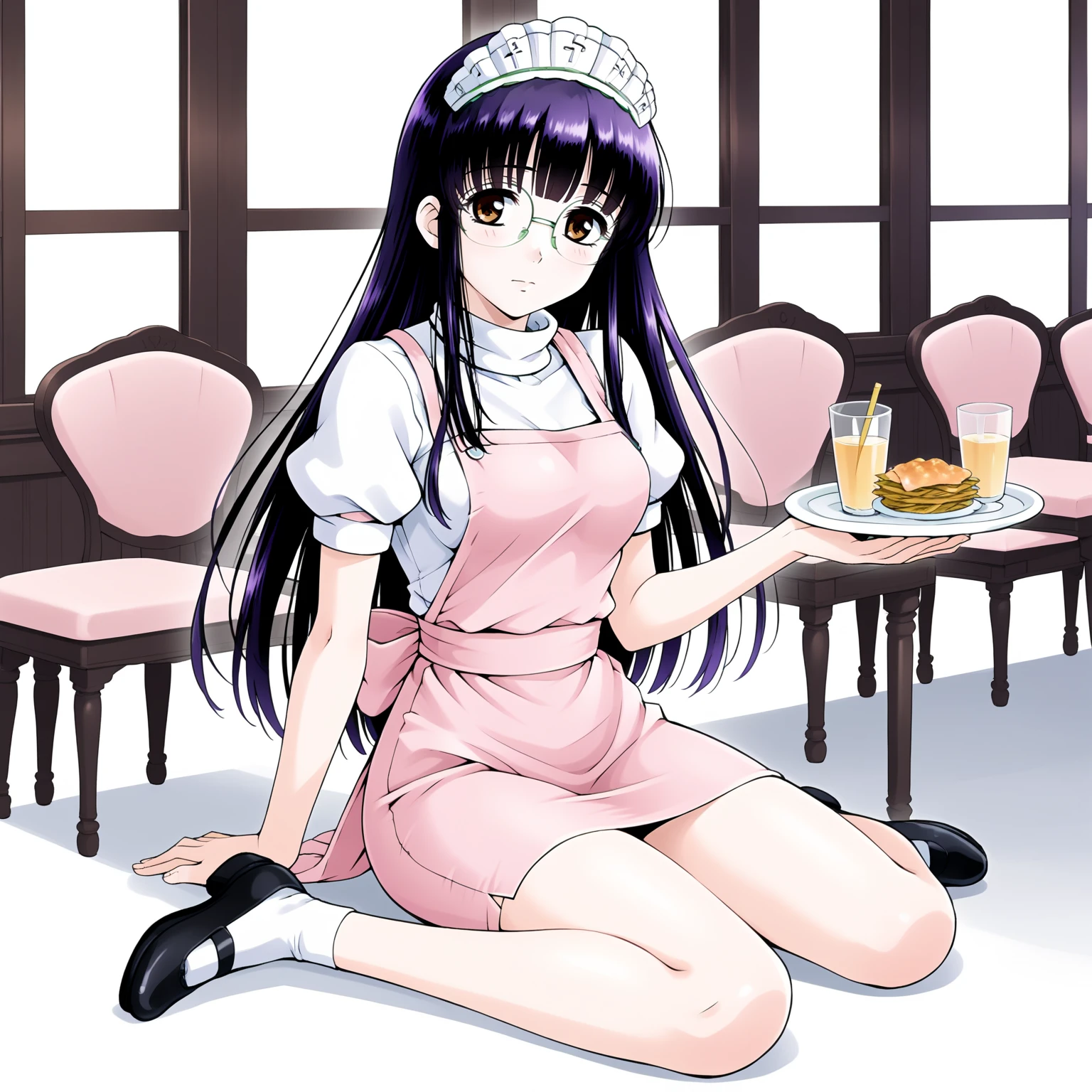 <lora:SUTomoXLpony001>,
solo,
SUTomo,1girl,black hair,purple hair,long hair,bangs,brown eyes,eyewear,
waitress headdress,
waitress,white shirt,turtleneck,pink dress,pink apron,
pencil_skirt,
full body,sitting,