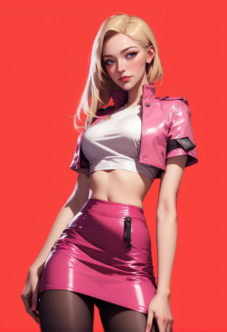 (score_9, score_8_up:1.1),score_7_up,1girl,solo,tall blonde,red background,cowboy shot,,ruanyi0495,crop top,cropped jacket,pencil skirt,pink skirt,black pantyhose,short sleeves,<lora:0495 air goddess_v1_pony:0.7>