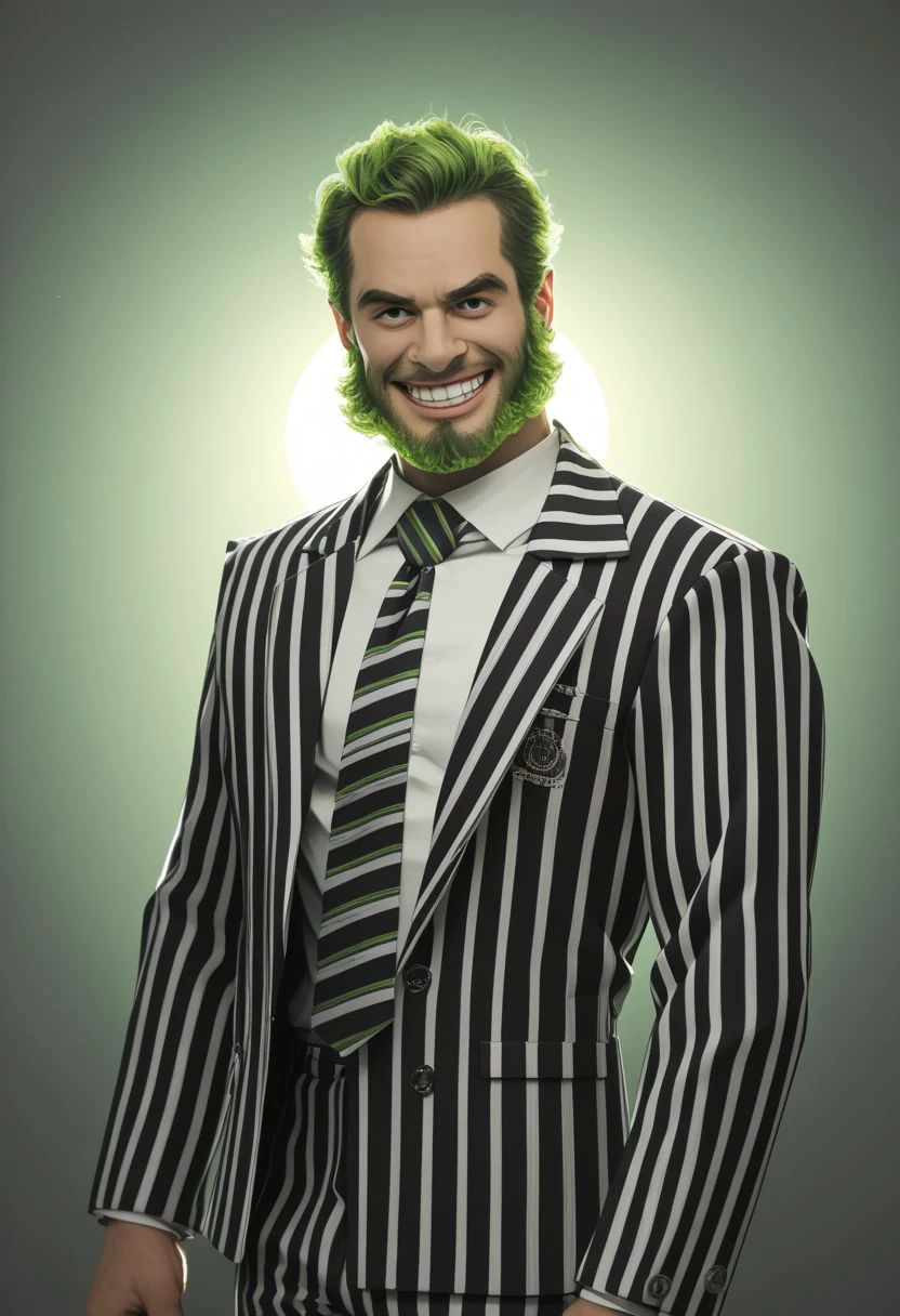 a portrait photograph of (bjzzs), 1boy,  male focus, solo , suit,  jacket, beard, pinstripe pattern, vertical stripes, long sleeves, necktie, green hair, pants, shirt, striped, formal, prison clothes, poltergeist vibes, portrait, upper body, grin, beetlejuice beetlejuice beetlejuice, Lomo, Shot on 70mm, Warm Color Palette, Kodachrome, ProPhoto RGB, Rim Lights, Backlight, Natural Lighting, zPDXL , official photography, best poltergeist,