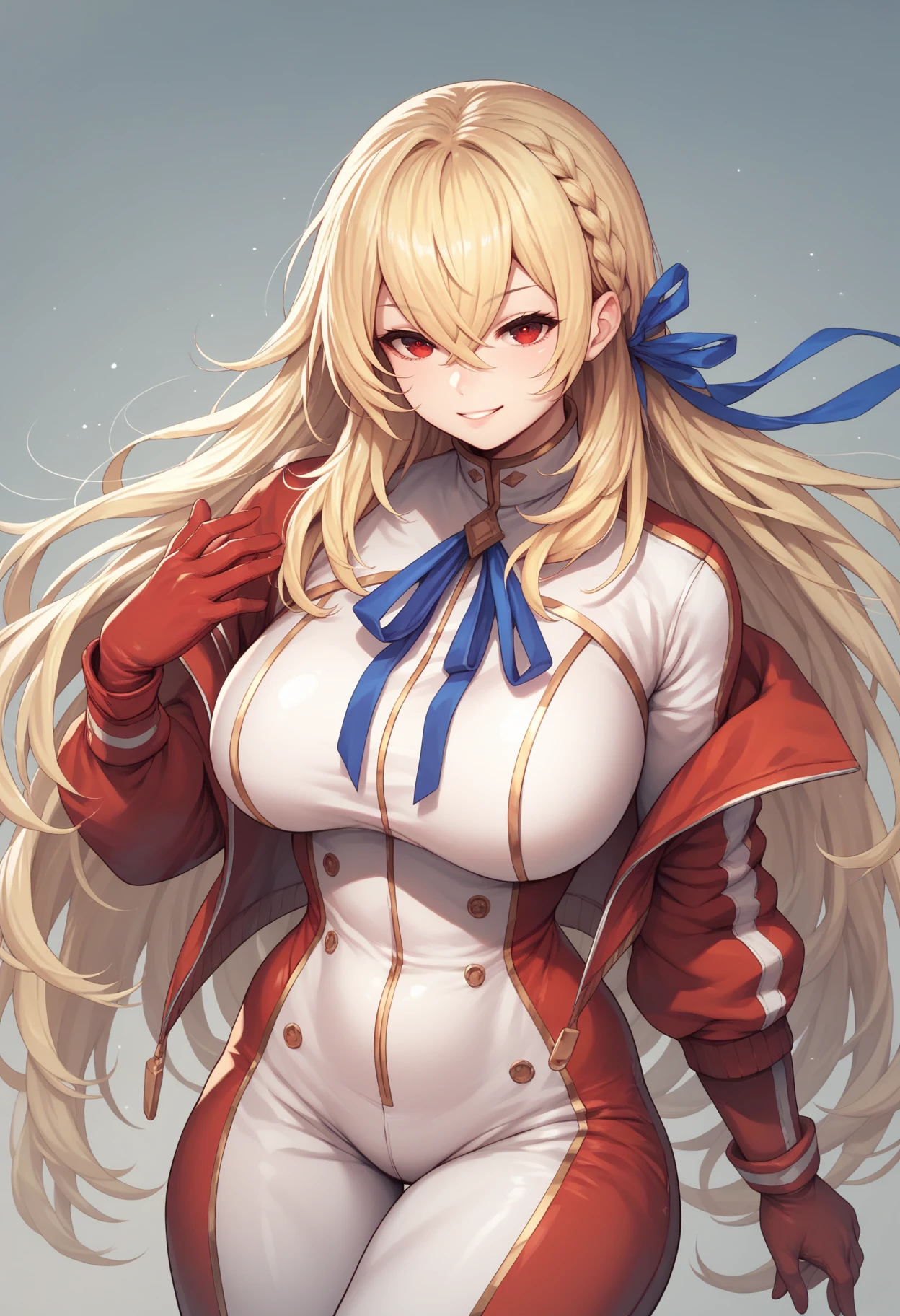 score_9, score_8_up, score_7_up, mlkgv, blonde hair, blue ribbon. hair between eyes, (large breasts), (long hair), red eyes, <lora:kgv-8:1>, smile, jumpsuit,