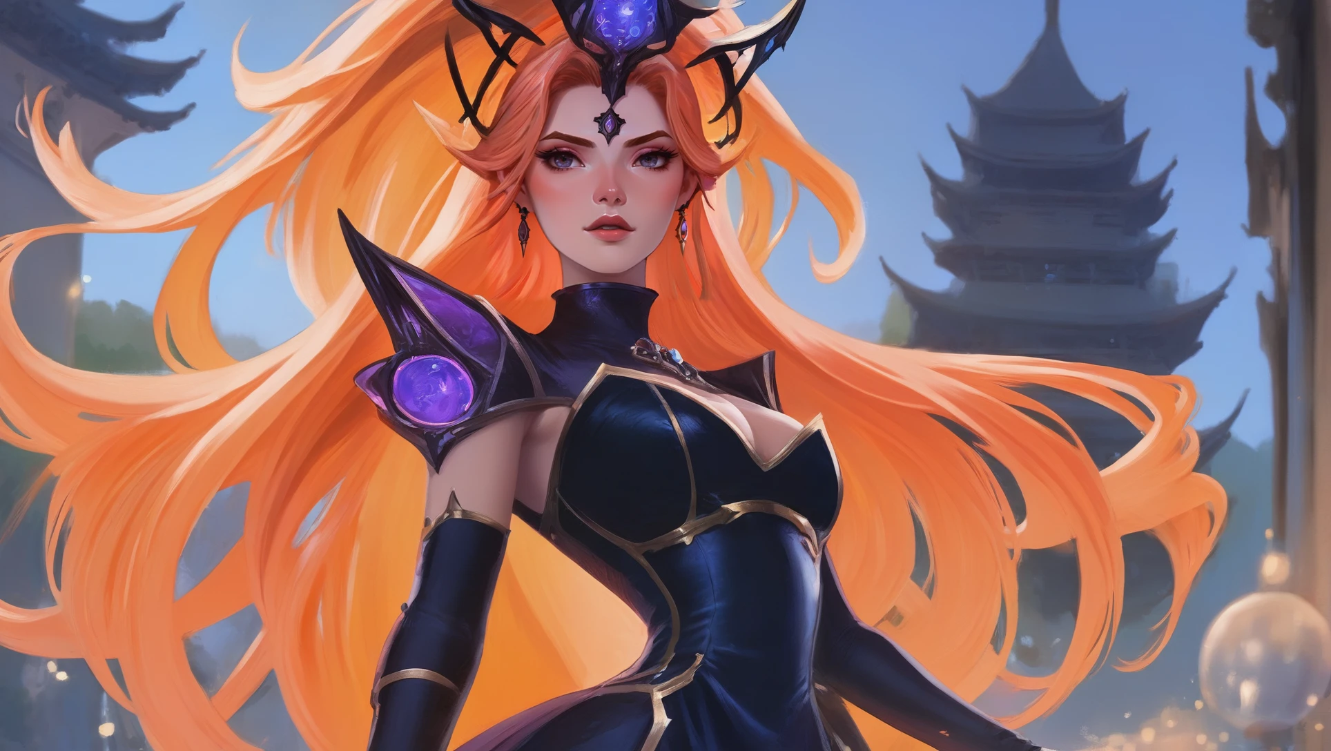 anime digital painting, action shot, 1girl, woman, dark sorceress, (flowing dress:1.3),(huge opulent crown:1.3),(intricate tattoos:1), bombshell hair, peach hair, antenna hair, glowing moccasin clothes, average figure, korean, a nixie tube,amazing scifi hillside city at the beginning of time, masterpiece, by Maciej Rebisz (Voyager)<lora:EnvyStarlightMoba01-easymode:1><lora:EnvyBetterHiresFixXL01:0:hr=1>