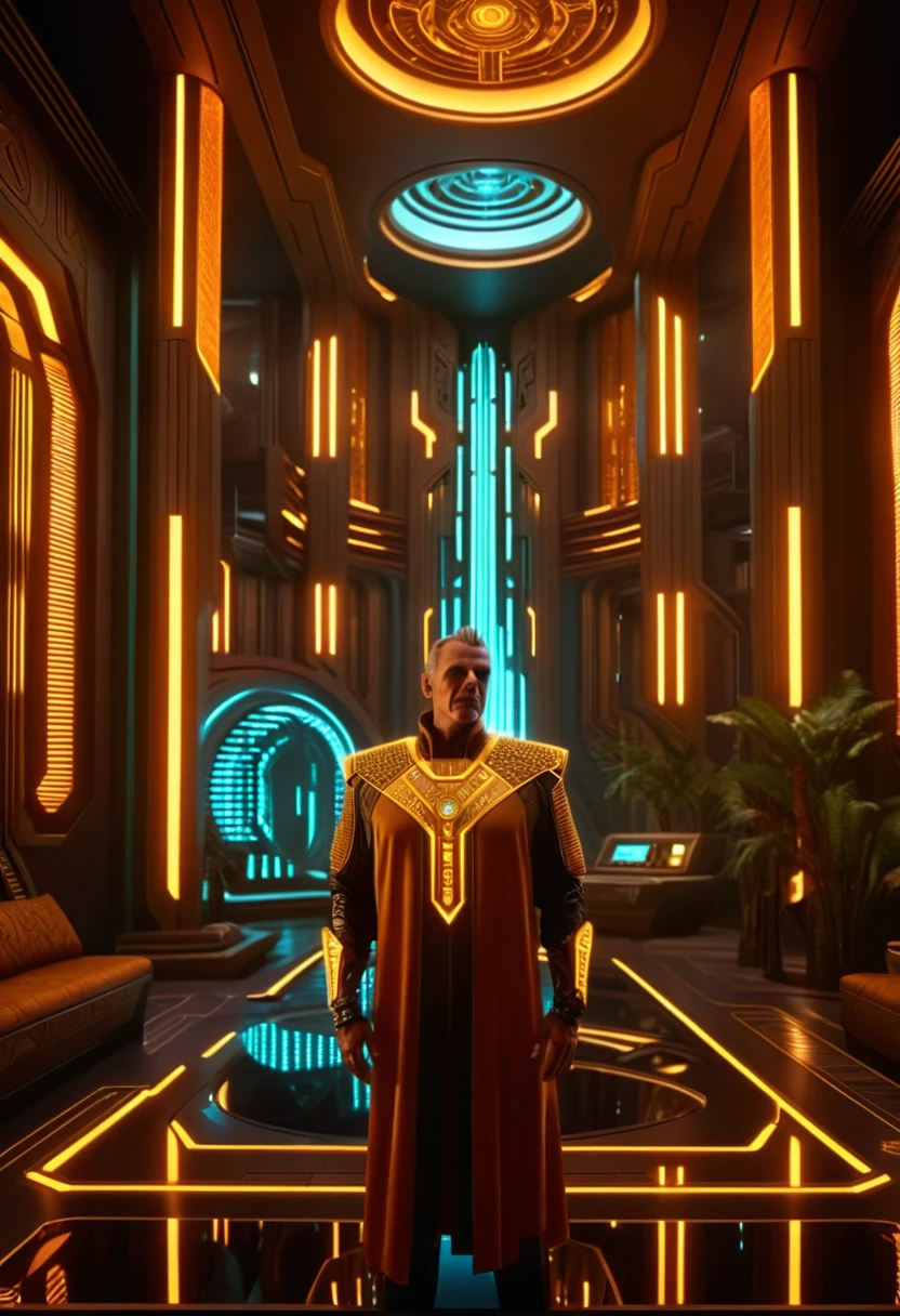 cinematic film still Cyberpunk Environments, interiors, (art by Paolo Soleri:0.8) , photograph, professionally shot of a (cyberpunk interior design:1.3) , wearing Light Crystal and Amber Beads tunic, his tunic 1980'S and Cartoony, his hair is Two-Tone, in focus, Arcology, visionary architecture, eco-friendly, futuristic interior design, shallow depth of field, vignette, highly detailed, high budget Hollywood film, cinemascope, moody, epic, gorgeous,