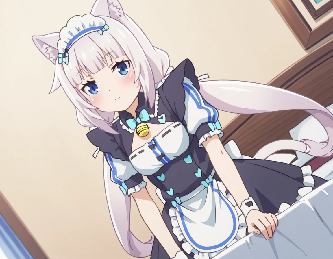 score_9, score_8_up, score_7_up, source_anime,
nekoparavanilla, <lora:nekopara-vanilla-s1-ponyxl-lora-nochekaiser:1>,
vanilla, long hair, bangs, blue eyes, animal ears, twintails, very long hair, white hair, cat ears, blunt bangs, animal ear fluff, low twintails, cat girl,
dress, bow, tail, short sleeves, frills, bowtie, apron, cat tail, maid, maid headdress, bell, cat girl, waist apron, jingle bell, neck bell, waitress,
indoors, bed, bed room, on side, blush, drunk,
looking at viewer, solo, cowboy shot, dutch angle,