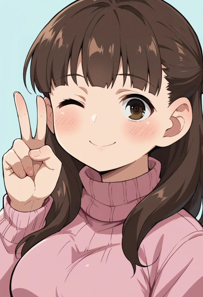 score_9, score_8_up, score_8, source_anime, 1girl, <lora:MarinaSugisaki:0.85> brown eyes, brown hair, long hair, pink turtleneck, breasts, blush, smile, v sign, wink, 
simple background, light blue background,