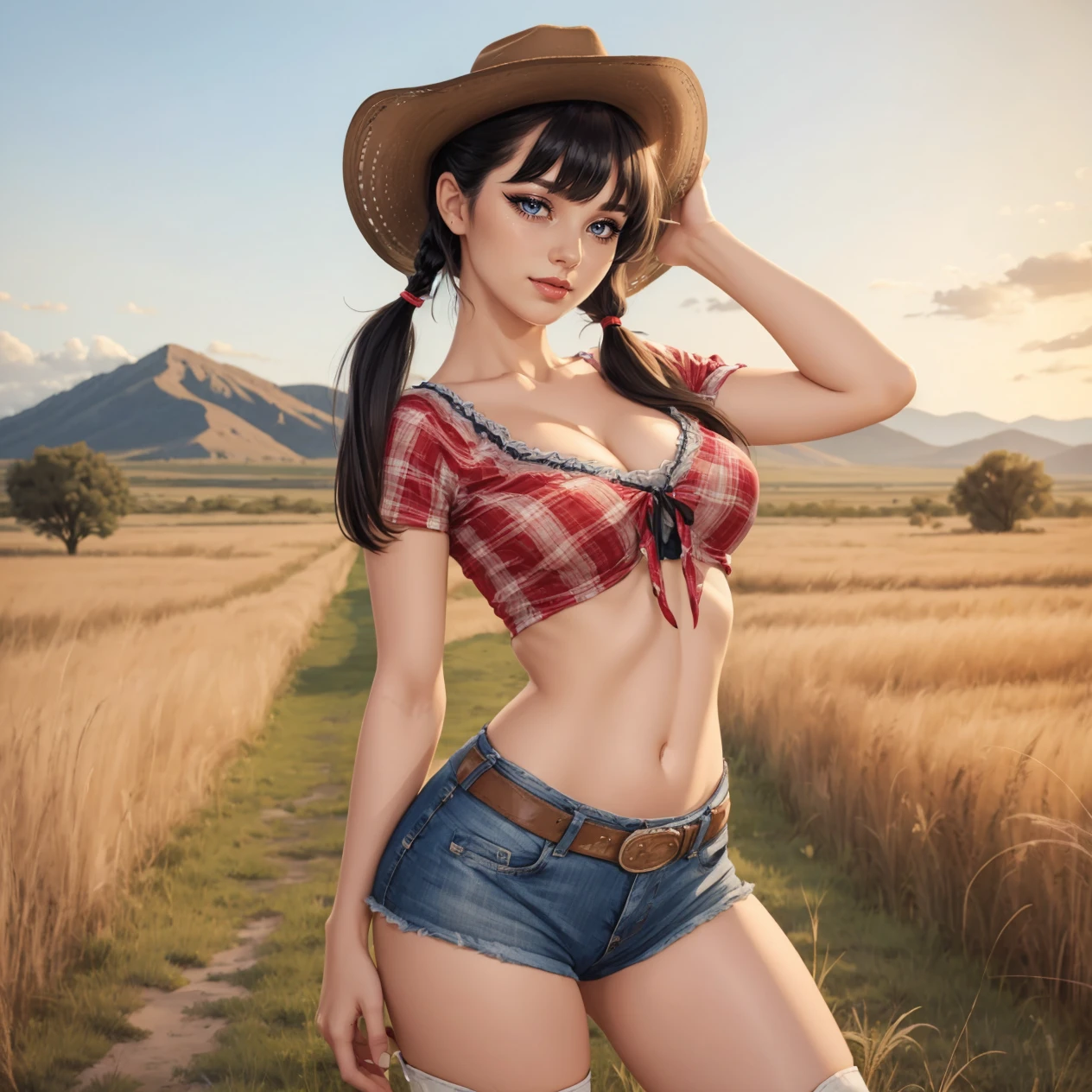 (solo:1.3), best quality, 1girl, hud_cwgrl, denim, short shorts, cowboy hat, boots, breasts, midriff, silver belt, plaid short sleeve crop top,  <lora:hud_cwgrl_SD15:0.6>, adult, blue eyes, pale skin, eyeliner, lipstick, long eyelashes, woman, medium breasts, mature female, light smile, (half body photo:1.3), solo, adult, pale skin, eyeliner, lipstick, long eyelashes, woman, medium breasts, mature,(black short twintails,  bangs:1.3), prairie, tall grass, outdoors