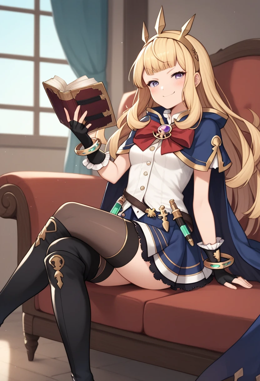 score_9,score_8_up,score_7_up,<lora:granblue_fantasy_all:1>,1girl, belt, black_footwear, black_thighhighs, blonde_hair, blue_cape, blue_skirt, blush, book_strap, bracelet, brooch, buttons, cagliostro_\(dark\)_\(granblue_fantasy\), cagliostro_\(granblue_fantasy\), commentary_request, couch, crossed_legs, crown, day, frilled_gloves, hairband, highres, holding_book, indoors, long_hair, looking_at_viewer, partially_fingerless_gloves, purple_eyes, red_bow, sitting, small_breasts, smile, smug, solo, test_tube, thigh_boots, wedding_ring, white_shirt, zettai_ryouiki