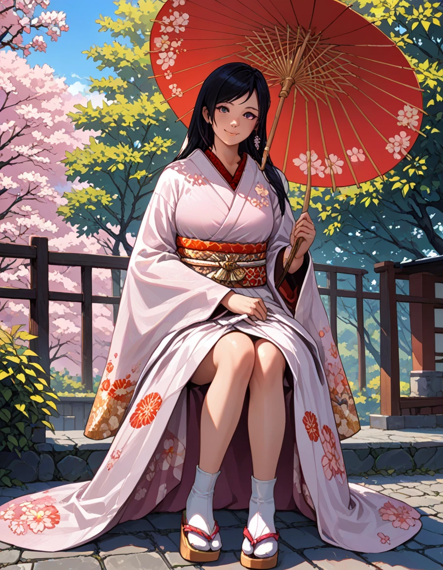 score_9, score_8_up, score_7_up, source_anime, 
in japanese garden,  bring umbrella , 
1girl,kokoro, black hair, long hair,  large breast, kokorokimono, japanese clothes, kimono<lora:kokorodoa:1> smile, sitting with legs crossed and hands on lap, appearing composed and attentive