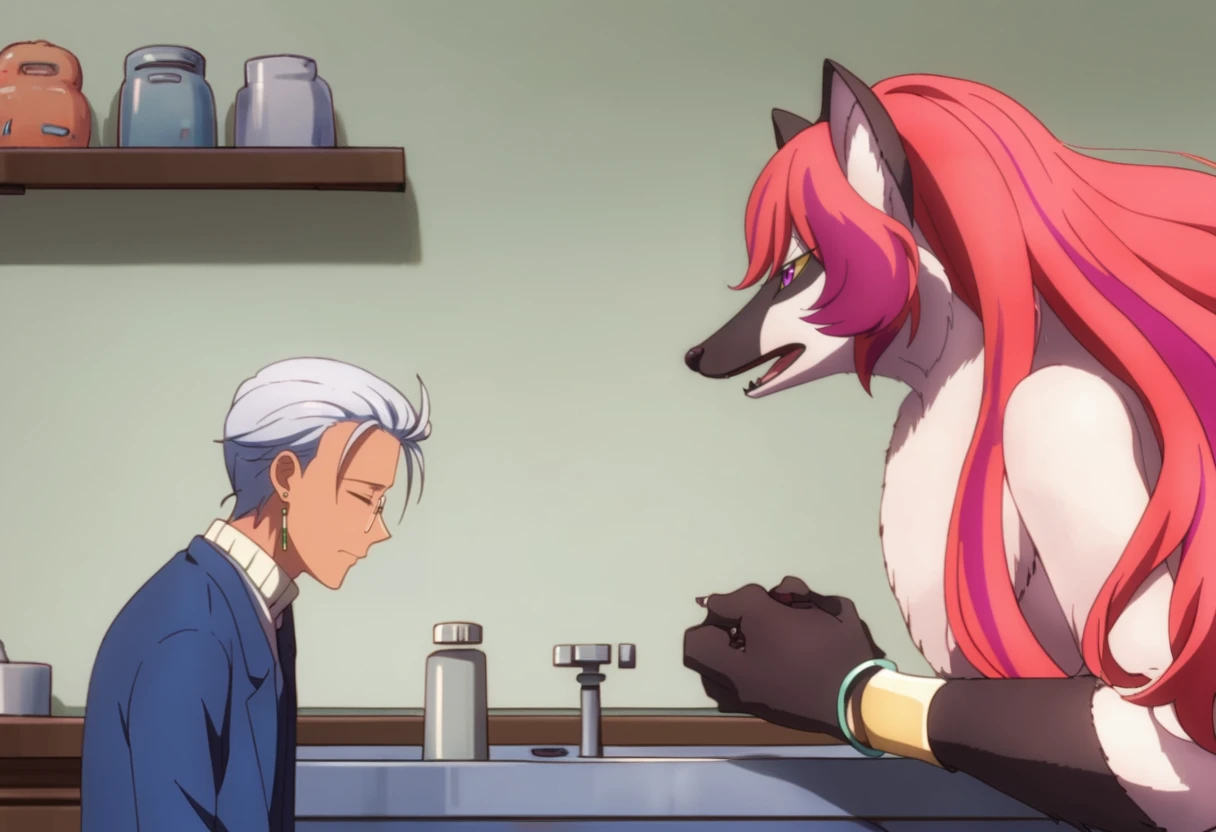 score_9, score_8_up, score_7_up, best quality, anime, kitchen background, red wallpaper, thick lines, ghibli, sink, side view, (duo), size difference
BREAK
<lora:caterina6-v1.2:0.5>, edward-chi, closed eyes, monocle:1.2, from side, blue blazer, white turtleneck, earrings
BREAK
<lora:caterina6-v1.2:0.5>, larger female, tall athletic kemono female anthro fox sitting, grey fur, extremely fluffy, bracelet, side view, caterina-sue, detailed purple eyes with yellow sclera, orange t-shirt, upper body, close up, speaking, talking, open mouth, fox snout