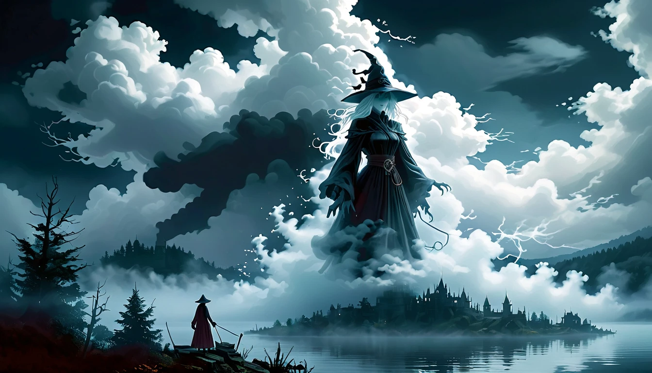 mdfg giant  cloud witch made of fog looming over a lake <lora:anime_fog_creatures-000019:1>