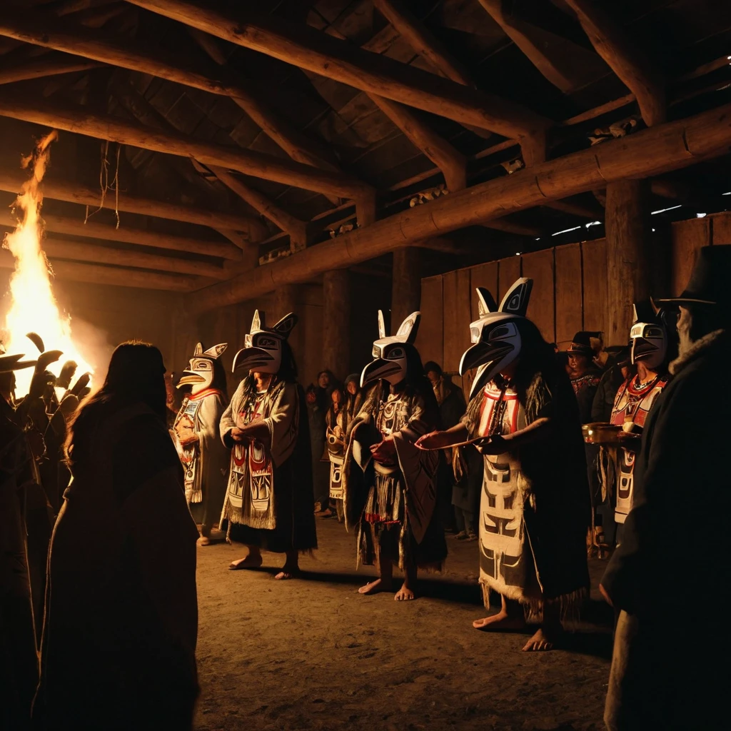 inside a Haida longhouse, people holding raven and wolf masks dance for the Potlatch ceremony, smoky bonfire, dim lighting, intimate atmosphere, ultra detailed, 8k
