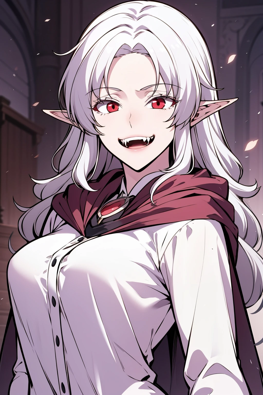 masterpiece, best quality, 1girl, solo, <lora:Ophelia_r1-000001:0.8> ophelia, white hair, long hair, red eyes, cloak, white shirt, grin, fangs, upper body, cowboy shot